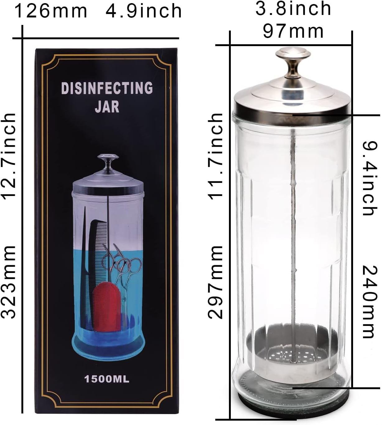 ZIBARBER Glass Disinfectant Jar, 50 Oz Large Sterilizing Jar for Manicure & Pedicure Implements, Salon Barber Tools - 11.7"H X 3.8"W