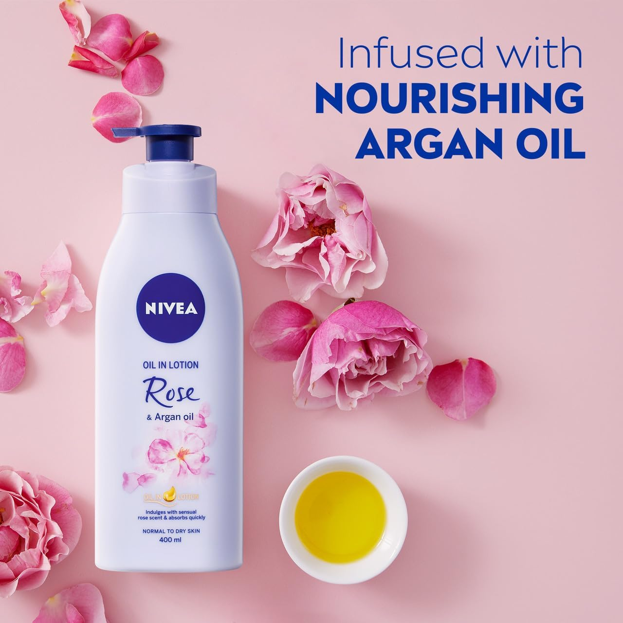 NIVEA Oil Infused Body Lotion with Rose and Argan Oil 400Ml | 24-Hour Hydration | Fast-Absorbing Formula | Delicate Floral Scent | Softens Dry Skin | Perfect for Everyday Use image number 3