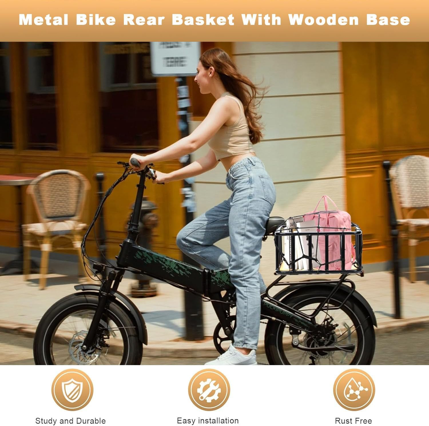 Heavy Duty Rear Bike Basket with Waterproof Cover & Cargo Net - 35X30X17Cm Rust-Resistant Metal Basket, Wooden Base for Bicycles/E-Bikes/Pets image number 3