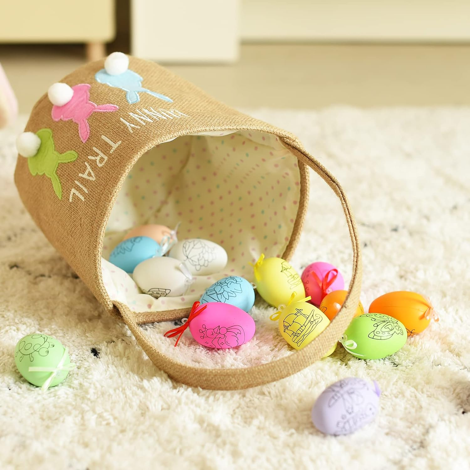 Inough Easter Basket Egg Buckets Jute for Kids Rabbit Baskets with Cute Ears, Easter Baskets Stuffers for Babies Bunny Trail Bags Easter Totes for Party image number 3