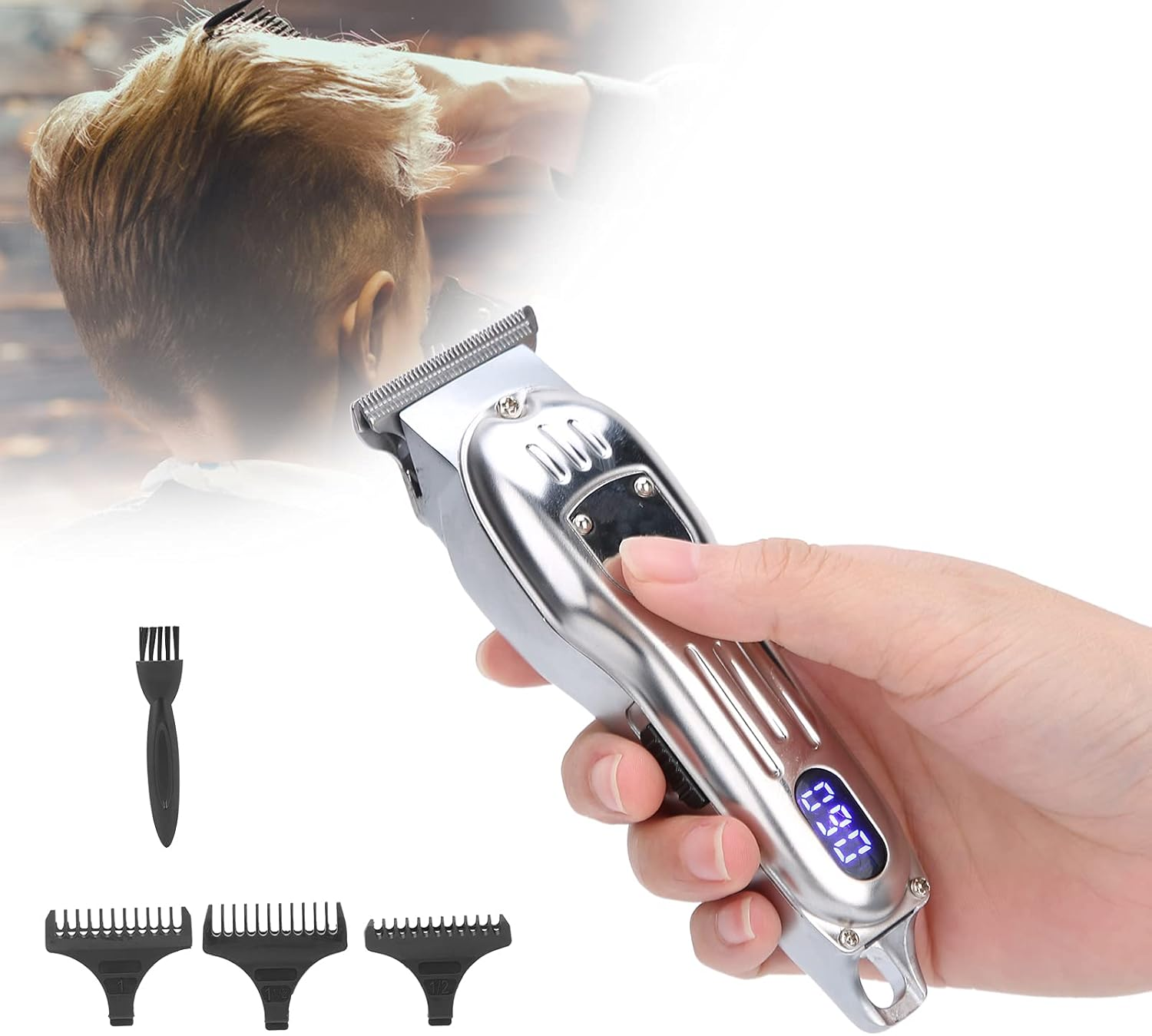 Electric Hair Trimmer with LCD Screen, Vintage Oil Head, Comfortable Grip, Professional 3 Guide Combs, Low Noise High Speed Motor, USB Charging, (Silver) image number 2