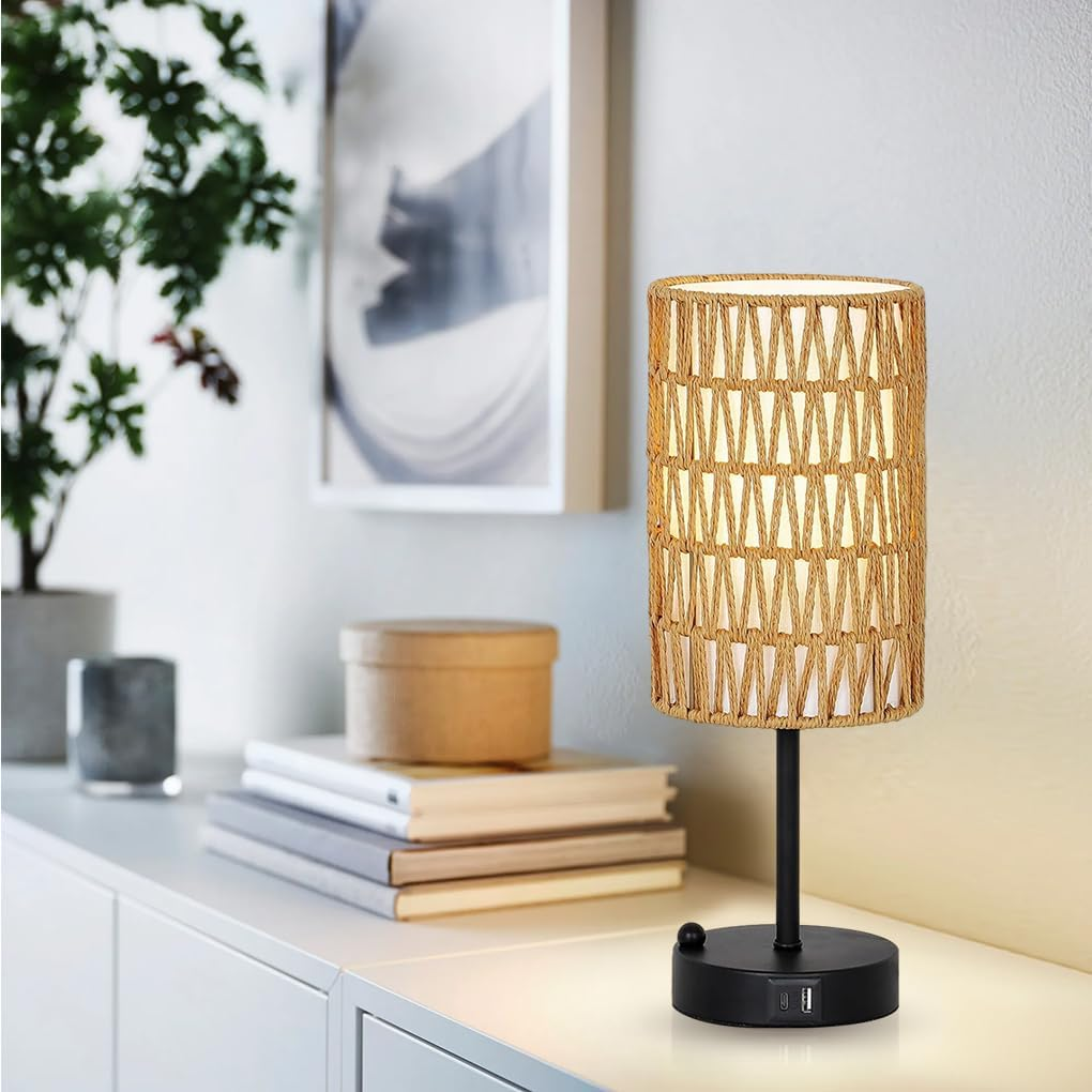 Clora Touch Bedside Lamp with USB A+C Charging Ports & 3-Way Dimmable, Rattan & Linen Shade Table Lamp with Phone Stand and 6W LED Bulb Nightstand Lamp for Bedroom Living Room Home Office (2 Pack) image number 3