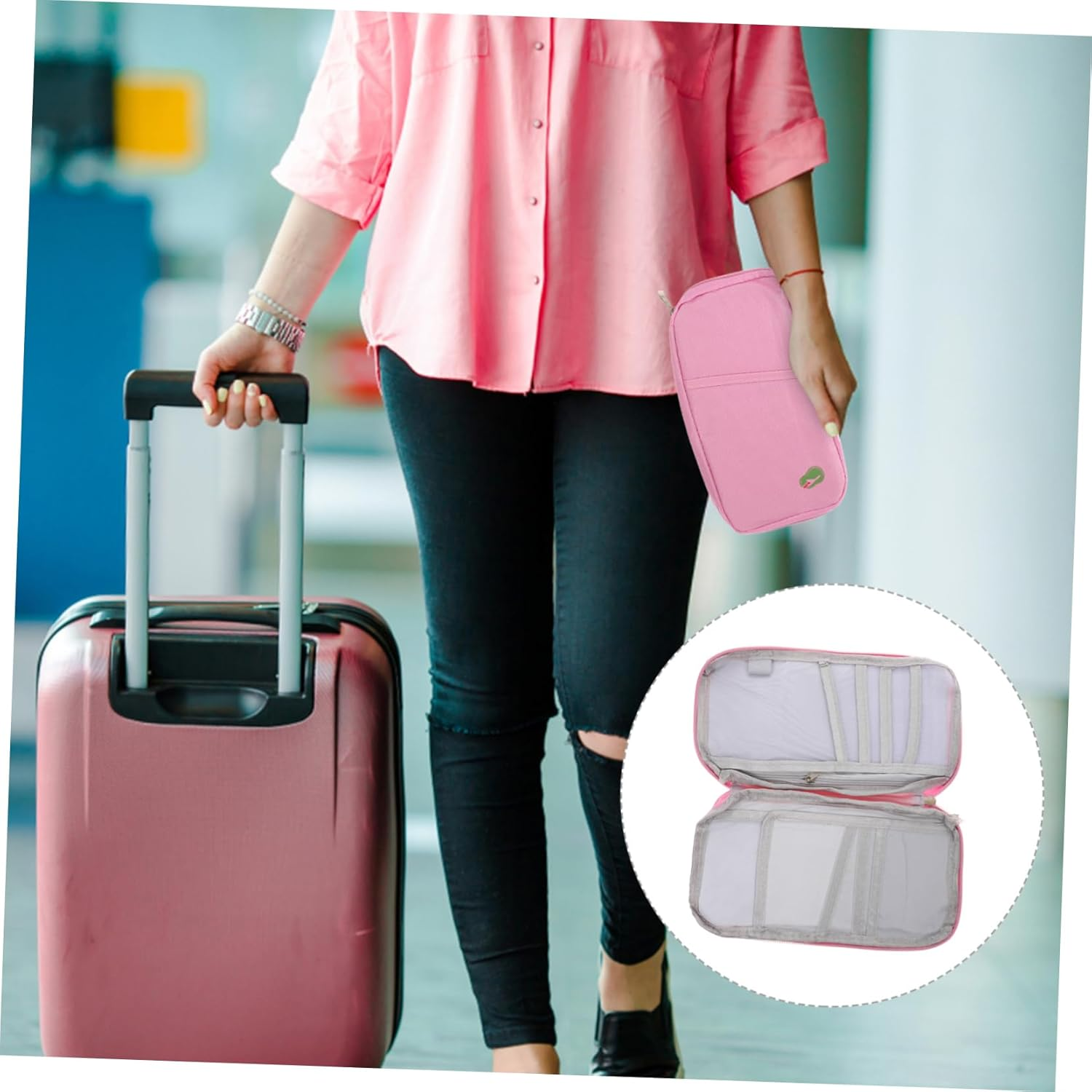 WATIIFUFU Travel Card Holder Passport Case Document Wallet Canvas Men'S Women'S Multi-Pockets - Pink image number 4