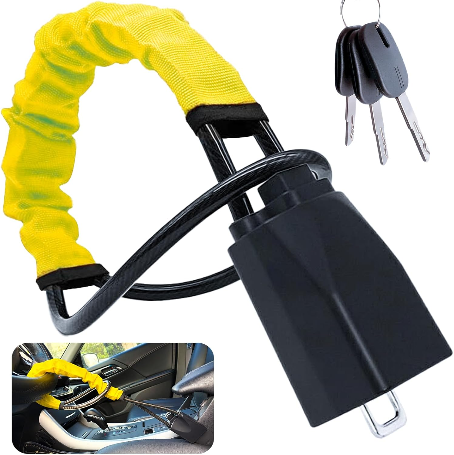 Car Steering Wheel Lock, Lightweight anti Theft Club Lock, 43Cm Universal Seat Belt Buckles Sturdy Lock with 3 Keys, Fit Most Vehicle Car SUV Truck Van (Yellow) image number 5