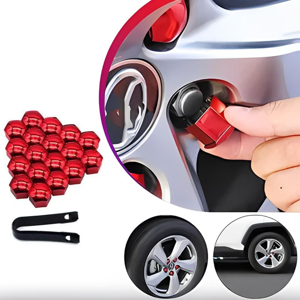 KOMUNJ Pack of 20 Hexagonal Tyre Nut Covers, 17 Mm Nut Covers, Wheel Nut Caps 17 Mm, Wheel Bolt Caps, Universal Tyre Nut, Wheel Nut Cap with Removal Tool, Red