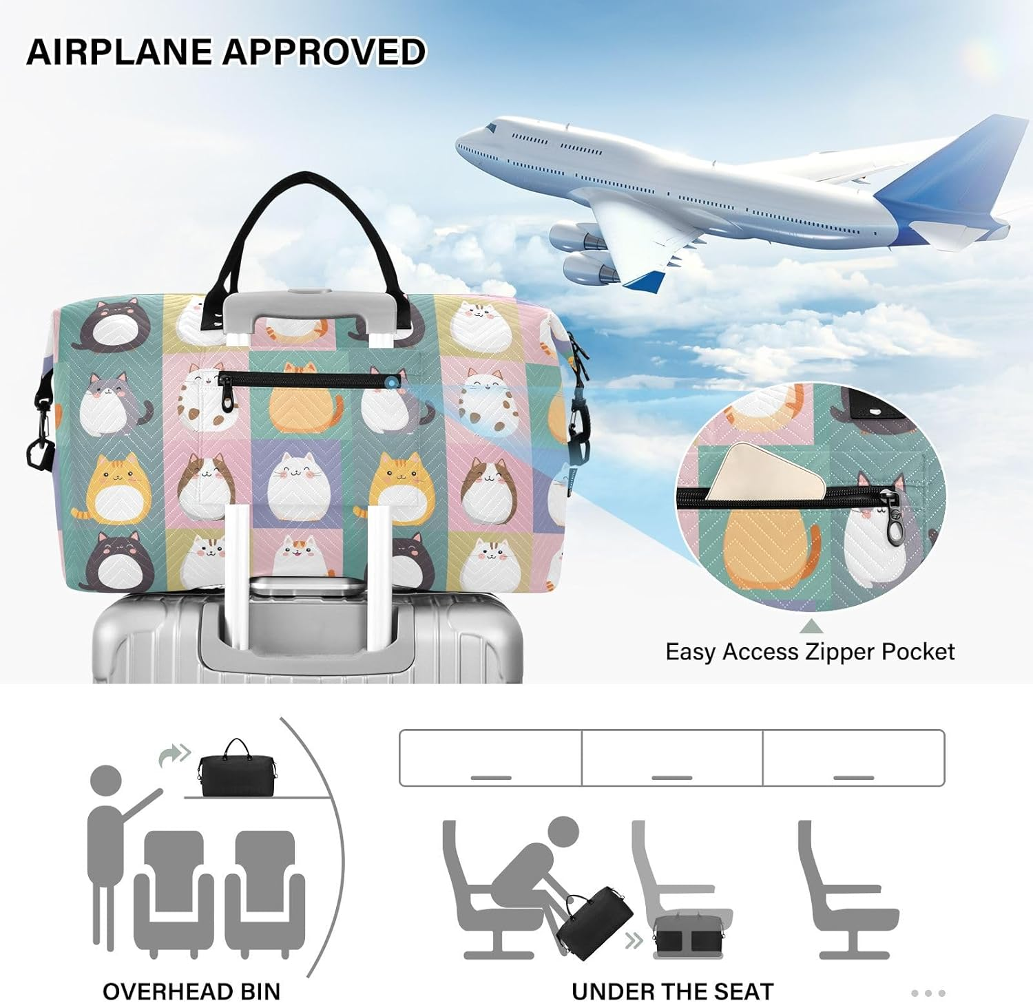 Travel Bag Travel Weekender Gear Bag with Adjustable Strap for Workout 2 Pcs Set, Cute Cartoon Cats Plaids