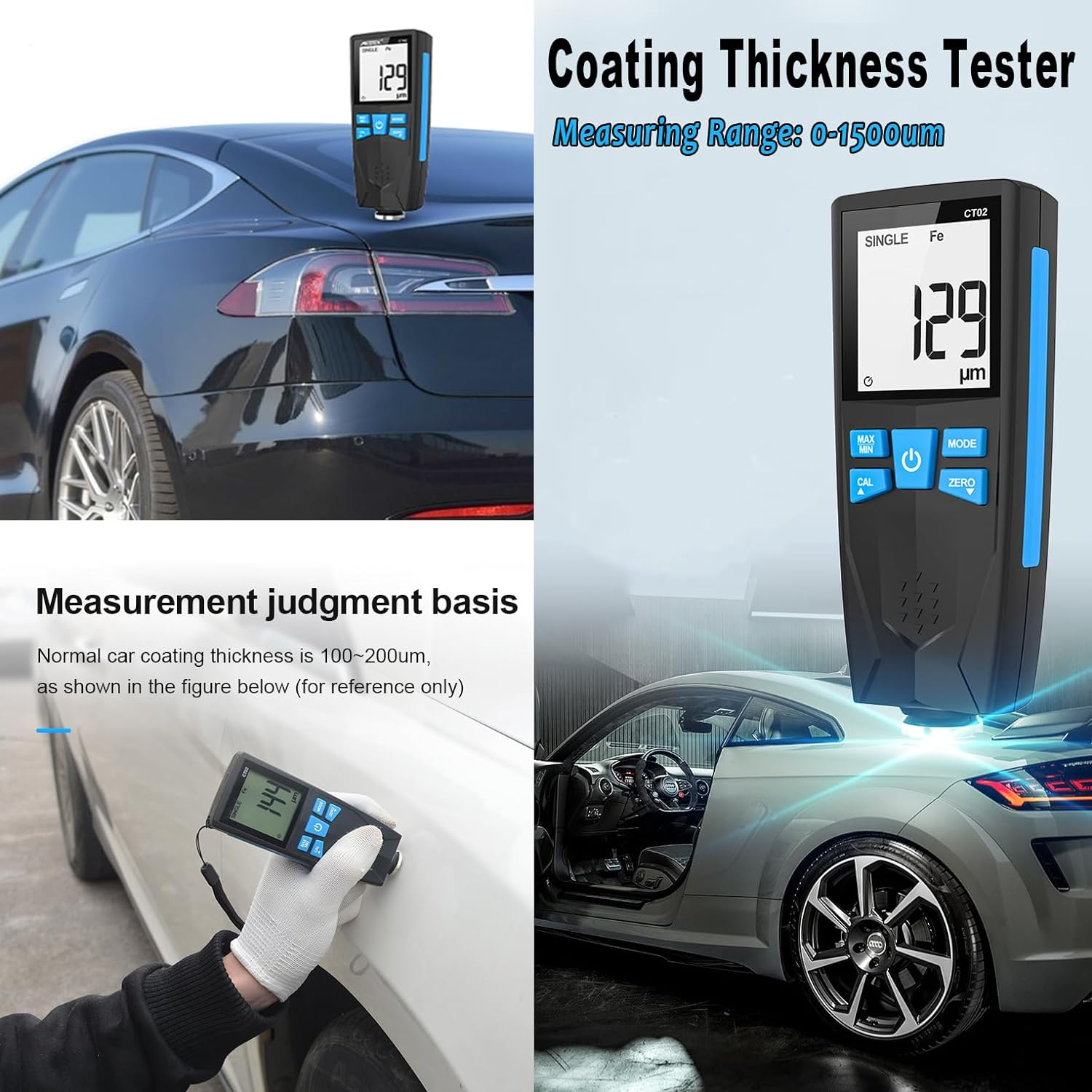 Car Paint Thickness Gauge, Automotive Coating Thickness Gauge Tester, Paint Mil Thickness Meter with Backlit LCD, Auto Digital Calibration, Data Hold, MAX/MIN, Fe/Nfe Automatic Detection, 0~1500Um