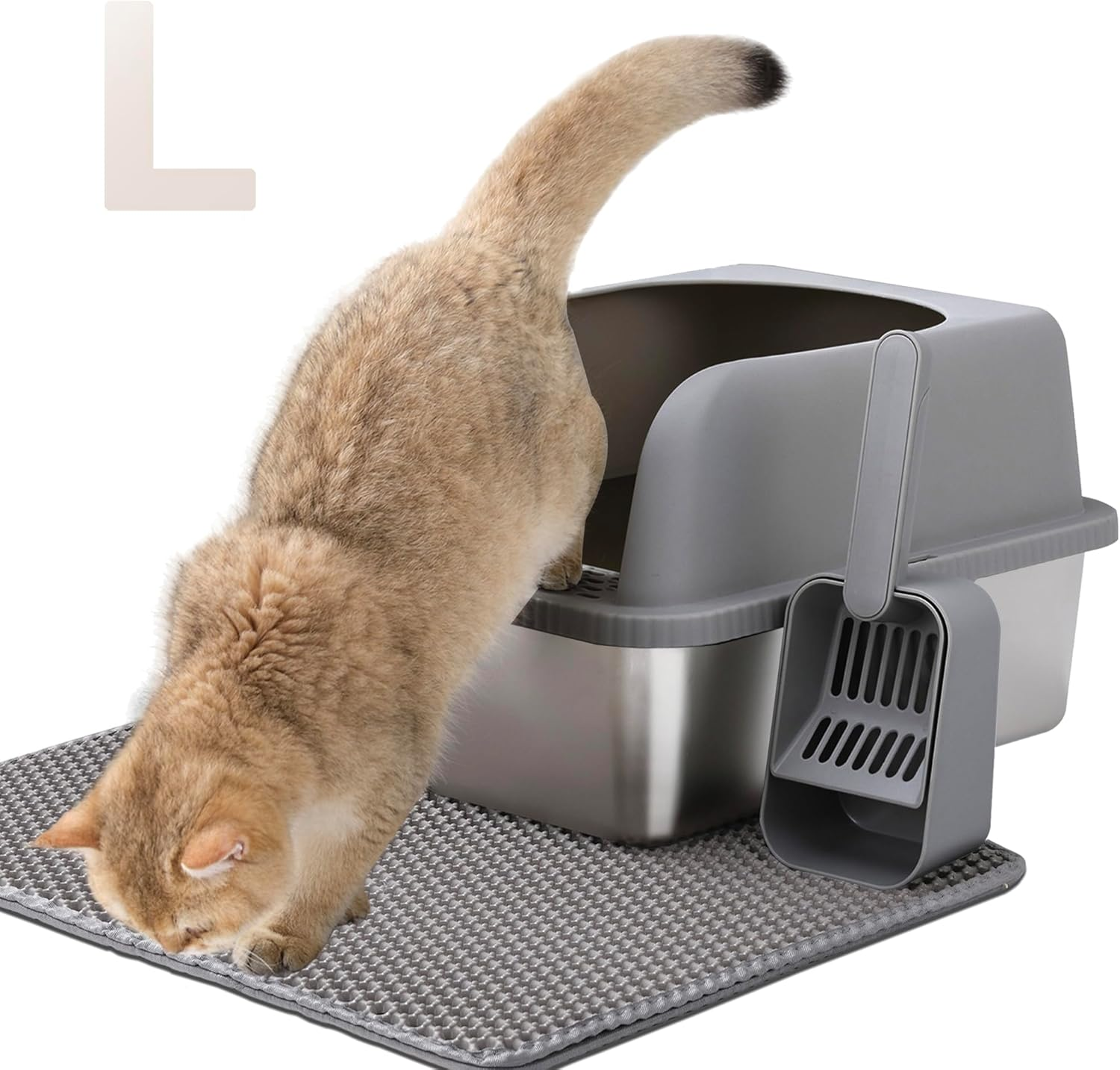 Fafargeen Stainless Steel Litter Box with Lid, Metal Litter Box High Sided anti Leakage, Kitty Box Rust Free Non Sticky, Dark Grey Steel Odor Control L