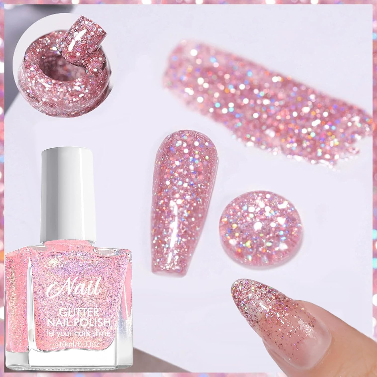 Glitter Nail Polish - Non-Toxic Pink Nail Polish Water-Based, Quick Drying & Long-Lasting Shimmer Colour Coat, Reflective Glitter Quick-Dry Nail Polish for DIY Nail Art, Manicure at Home (Pink) image number 3