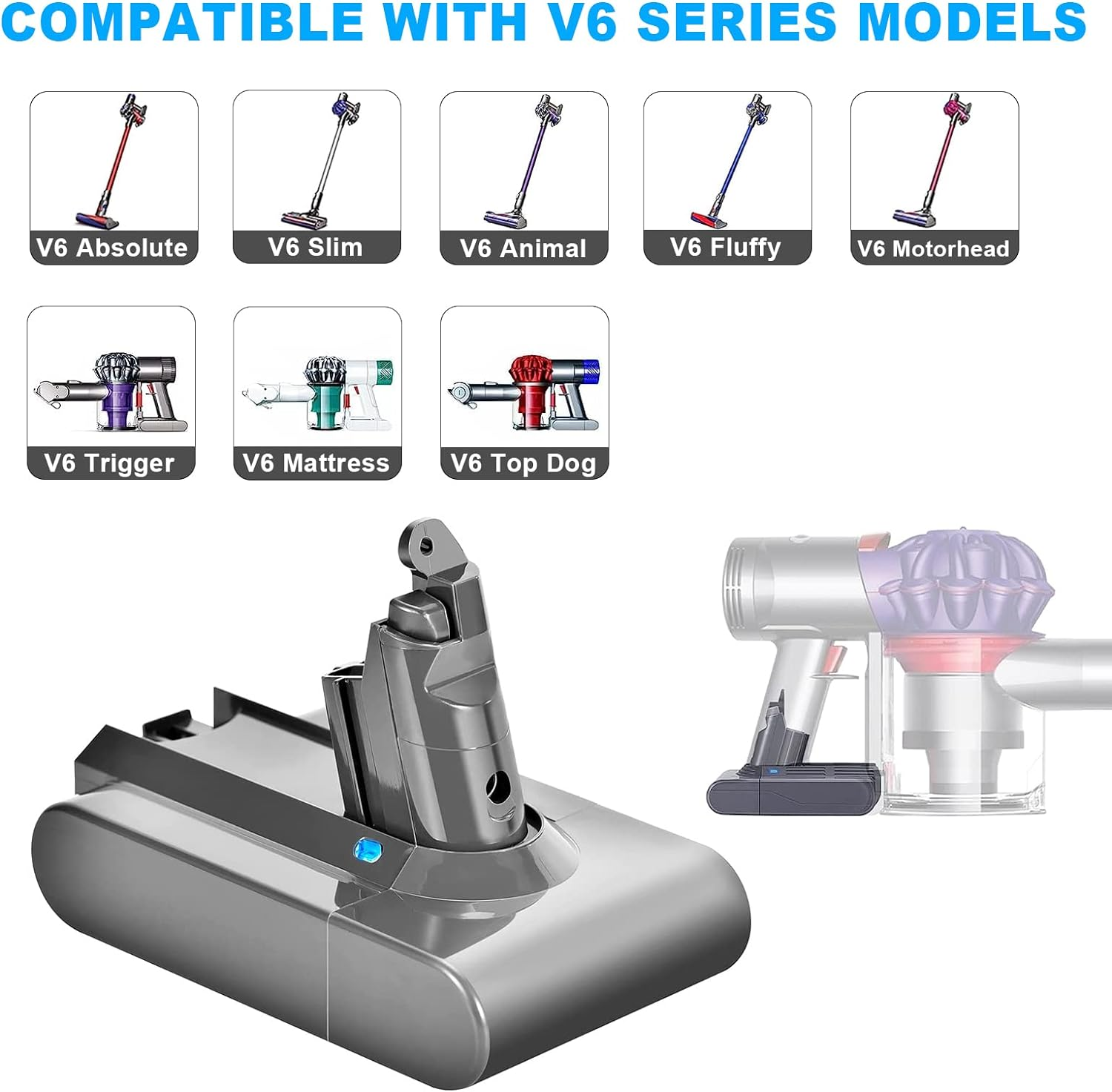 V6 Battery Replacement Compatible with Dyson V6 DC58 DC59 DC61 DC62 DC72 DC74 Absolute Animal Motorhead Slim SV03 SV04 SV05 SV06 SV07 SV09 Cordless Handheld Vacuum, 21.6V 4000Mah Lithium Battery image number 2