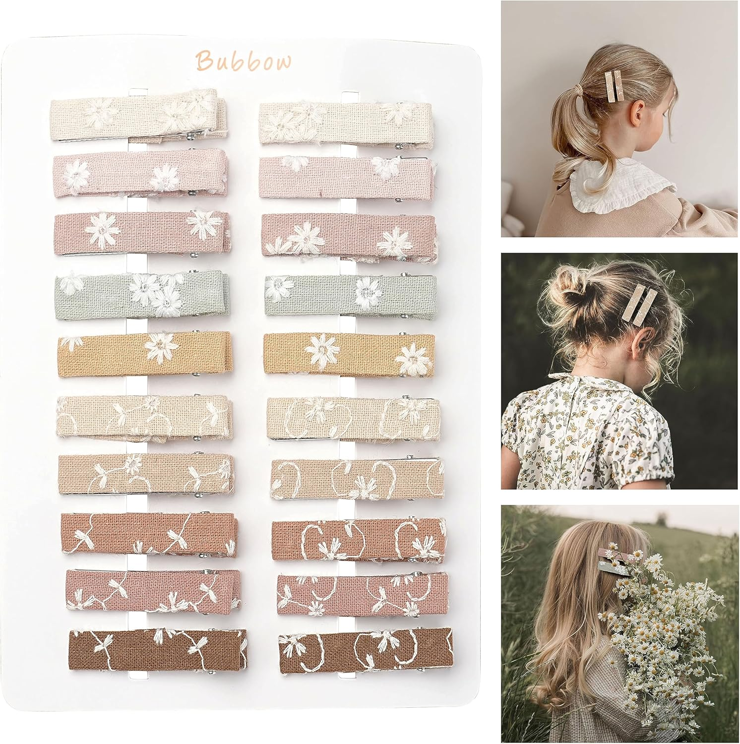 20Pcs Hair Clips for Women Girls Toddler Baby Bang,Fully Lined Alligator Barrettes with Linen Flower Embroidery,Handmade Hair Accessories for Kids Child Youth School Age Girls Thin Thick Hair