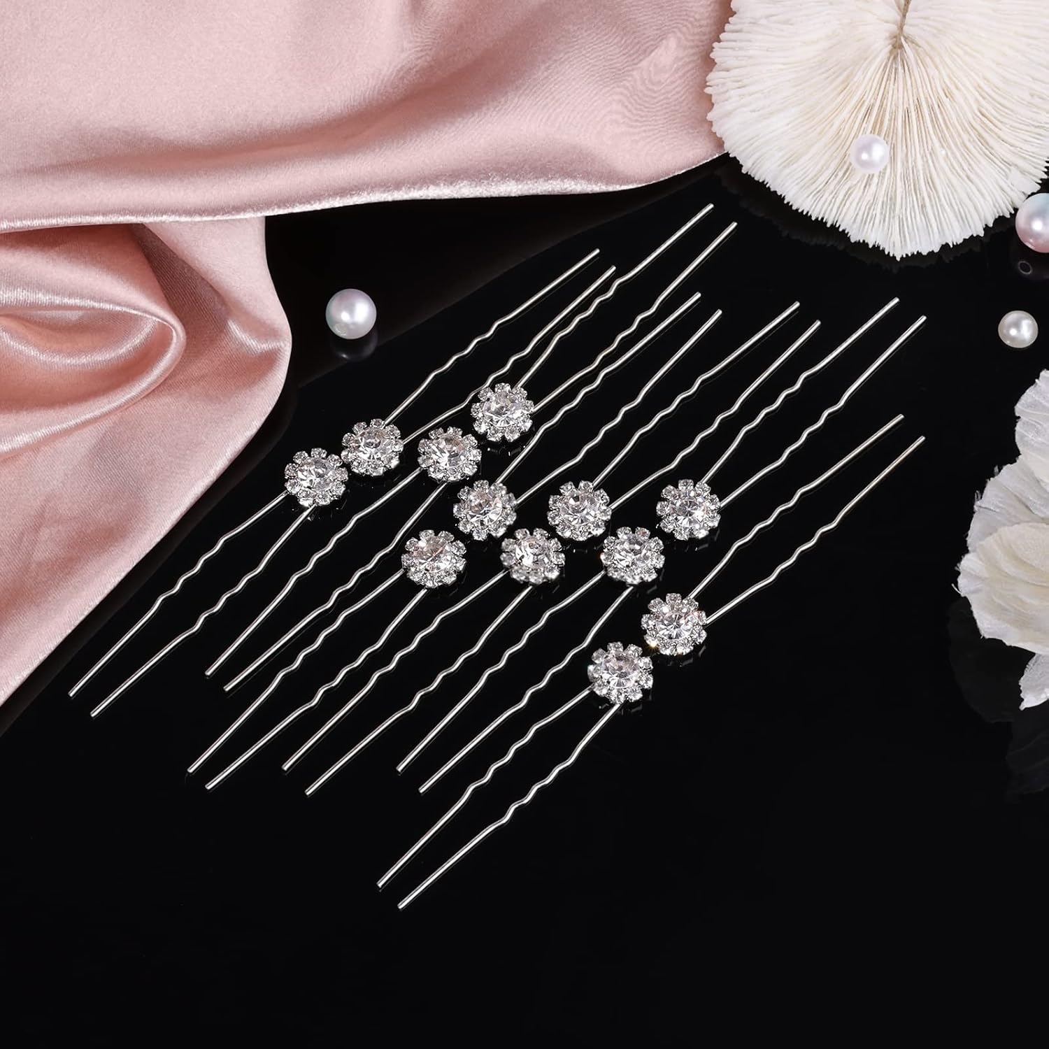 KINBOM 12Pcs Rhinestone Wedding Hair Pins, U Shaped Hair Pins Crystal Flower Hair Bobby Pins Wedding Hair Accessories for Brides Bridesmaids (Silver) image number 1