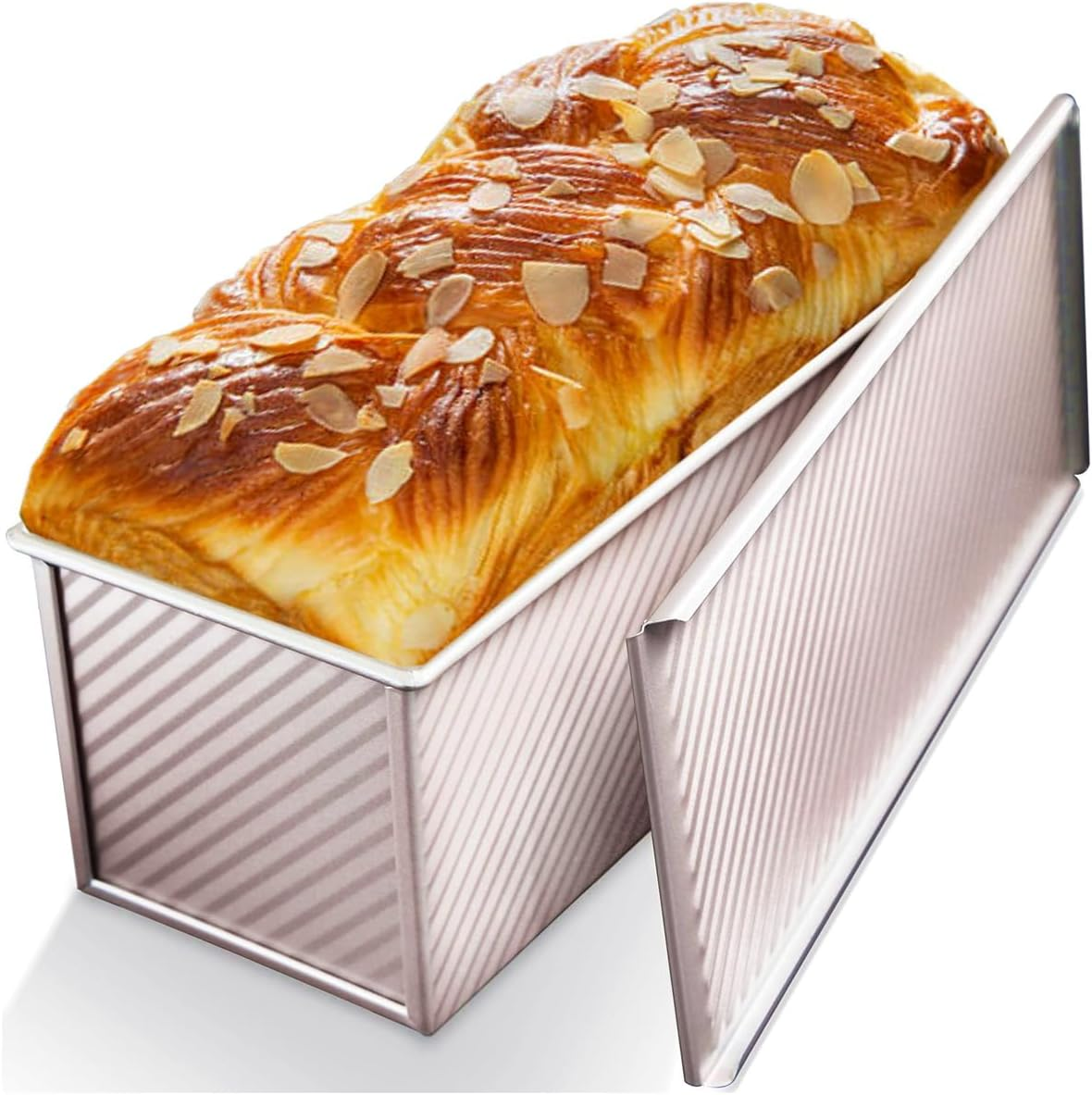Pullman Loaf Pan with Lid Non-Stick Toast Mold Rectangle Corrugated Bread Cake Mould with Cover for Oven Baking (2.2Lb Dough Capacity) image number 1