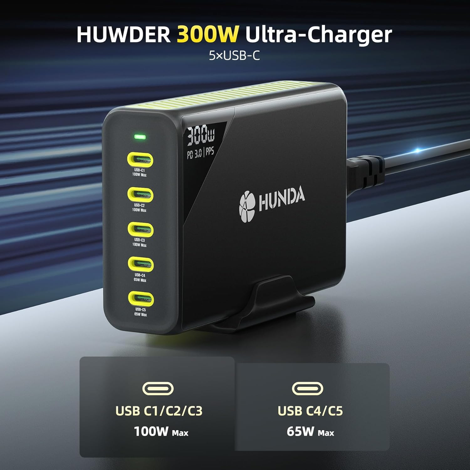 HUNDA 300W USB C Charger, 5 Ports Gan PD 3.0 Laptop Charging Station 100W Fast Charger Block for Macbook Pro/Air,Iphone 16 Pro Max/15, Ipad Pro, Galaxy S24 Ultra,Pixel 9 Pro,Hp,Dell,Tablets,Phones image number 5