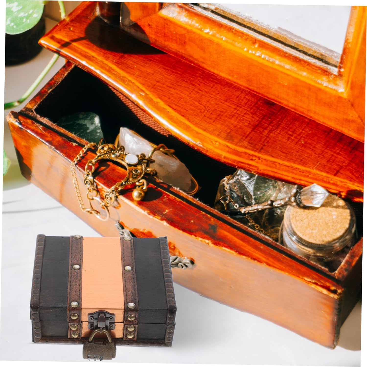 Angoily Vintage Wooden Treasure Chest Decorative Keepsake Box with Lock Retro Storage for Jewelry Documents Trinkets Unique Home Decor Idea image number 1
