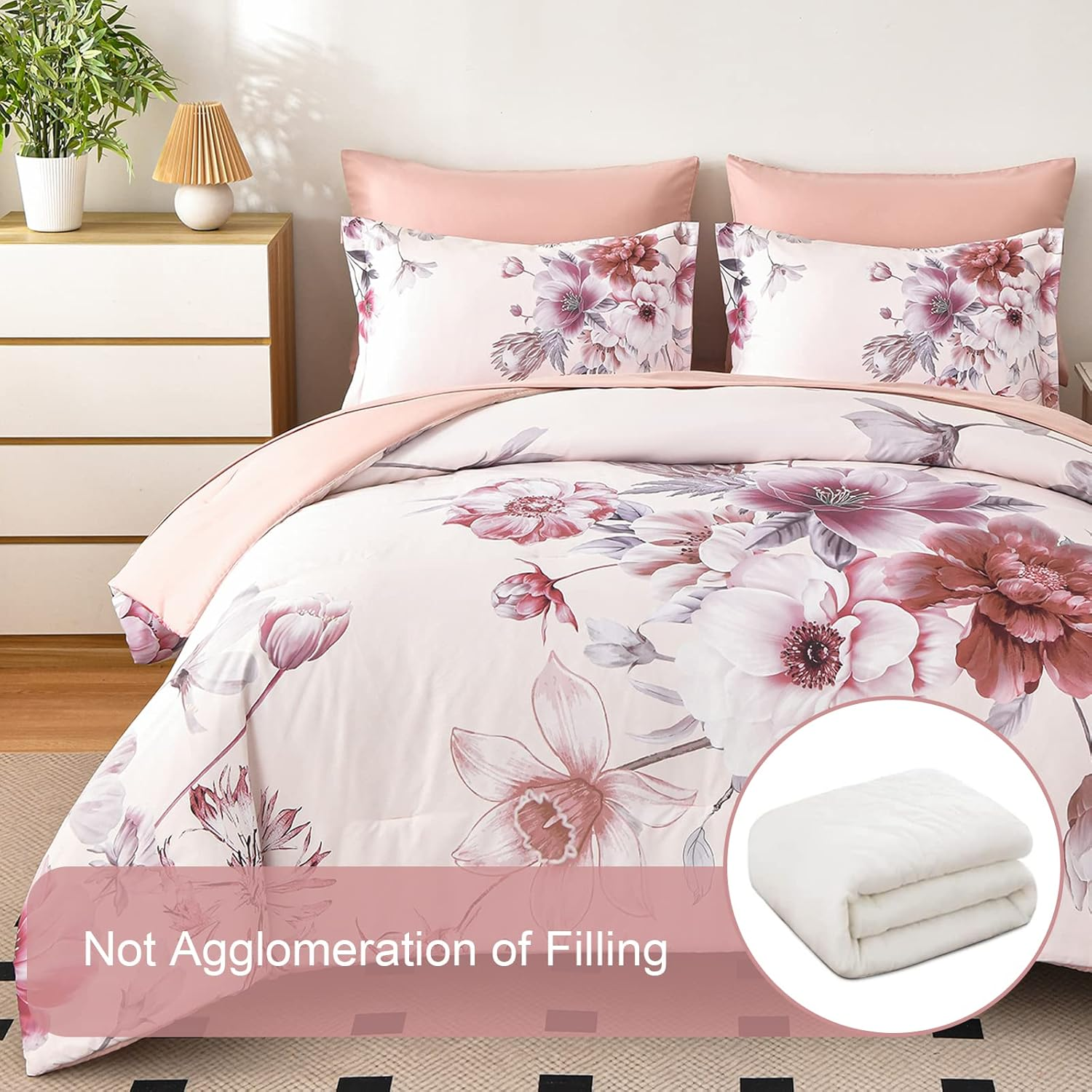 Floral Comforters Queen Size 7 Pieces Botanical Pink Bed in a Bag Ulter Soft Microfiber Bedding Set, Lightweight Bed Comforter Set with Sheets for All Season (Pink, Queen) image number 6