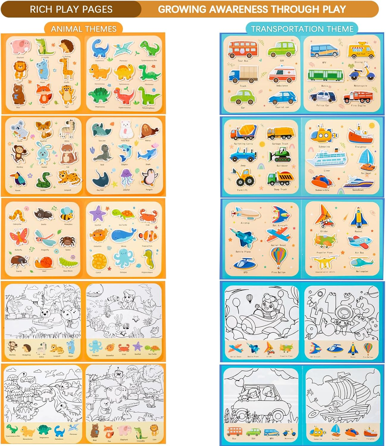 Montessori Busy Board, Water Coloring Books, 2-In-1, 2 Pack: Animal &Traffic Themes, Mess Free Travel Quiet Books for 36 Months - 6 Years, Kids Learning Educational Sensory Toys, Birthday Gifts image number 5