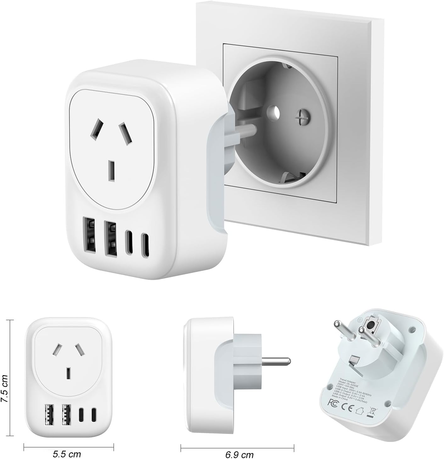 RXSQUL AU to EU Travel Adapter, Australia to European Travel Plug Adaptor, Europe Ground Outlet with Type E/F Plug and 4Xusb for AUS to Bali Germany Spain France Greece Netherlands Turkey image number 4