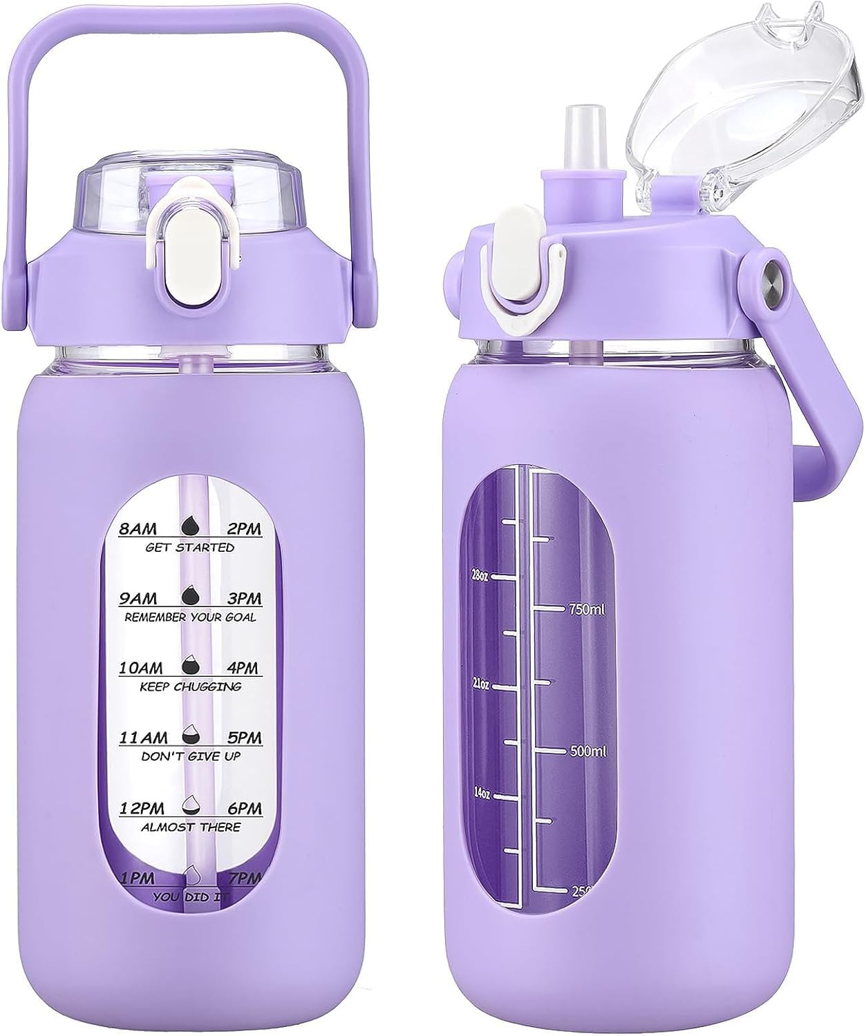 Kytffu 64Oz Glass Water Bottles with Straw, Half Gallon Motivational Glass Bottle with Silicone Sleeve and Time Marker, 2L Leakproof Large Glass Water Jug for Gym Home Office,Blue - 84 Ounces, Purple