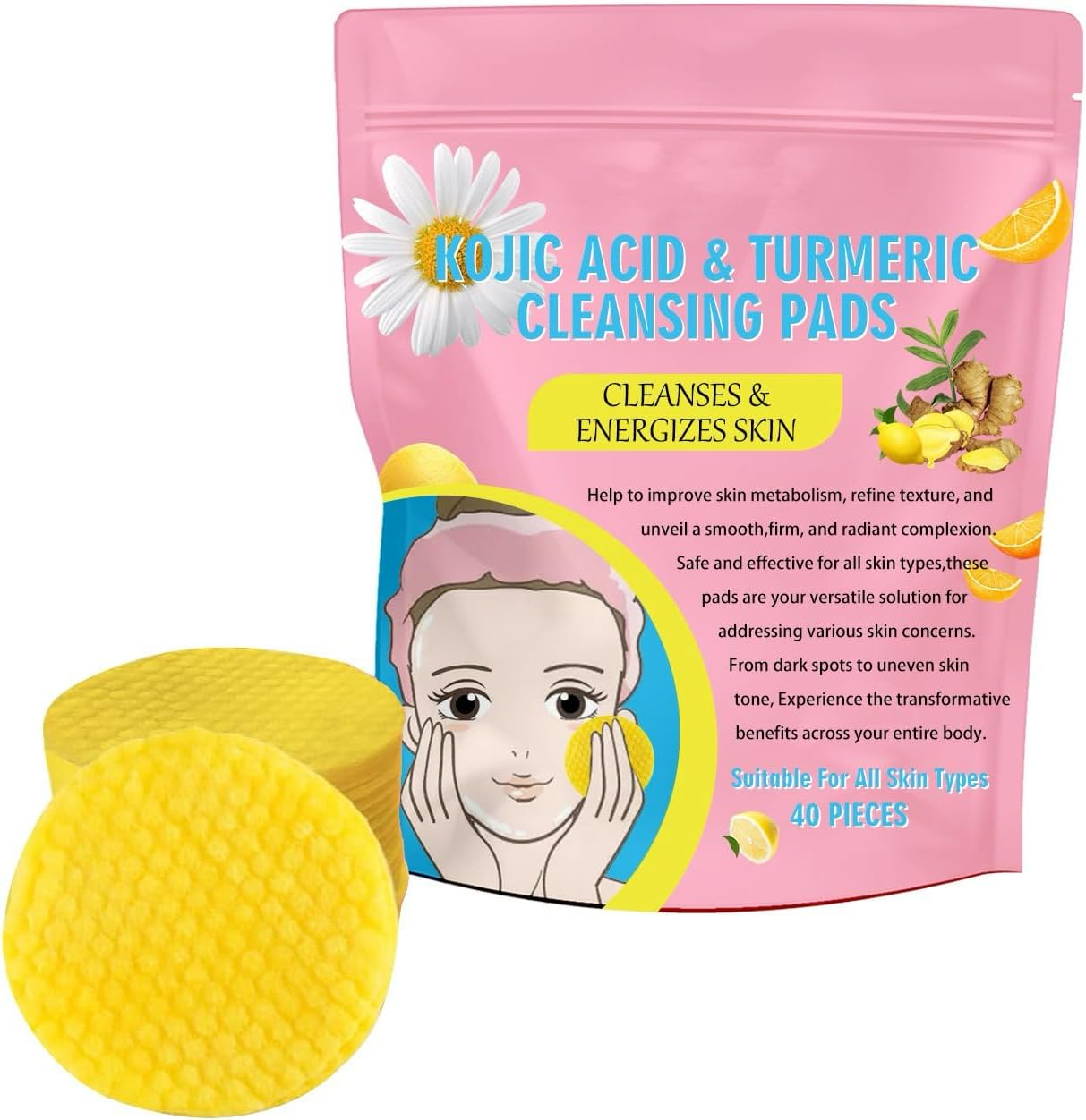 Turmeric Kojic Acid Pads, Kojic Acid and Turmeric Pads, Face Scrub Pads, Turmeric Cleansing Pads for Face, Essentials Kojic Acid Turmeric Pads for Cleansing and Exfoliating (80PCS)