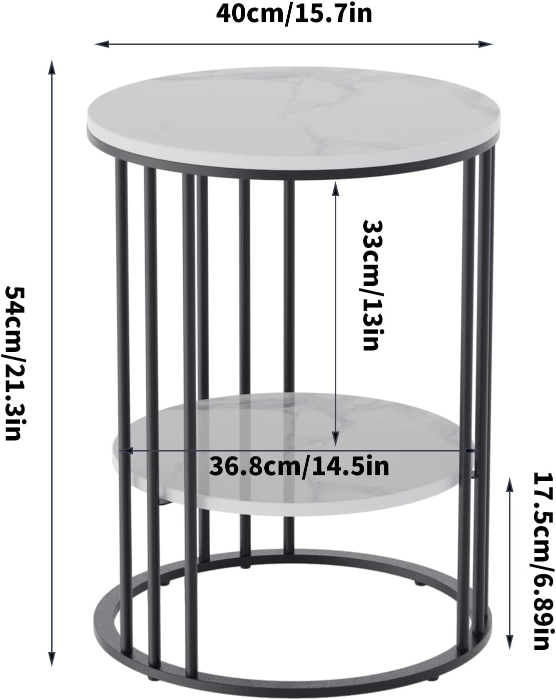 Marble Top Side Table Black: Small Circle End Tables 40 X 54Cm Sintered Stone Bedside with Metal Black Legs Modern White Nightstand 2 Tier round Sofa Side Table for Bedroom Living Room Furniture - Black image number 2