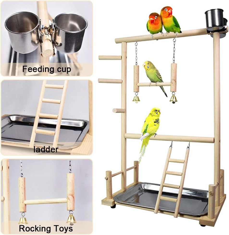 Bird Playground Parrot with Feeding Cup, Natural and Safe Wooden Swing Climbing Ladder, Stainless Steel Basin Parrot for Home Room Desktop image number 6