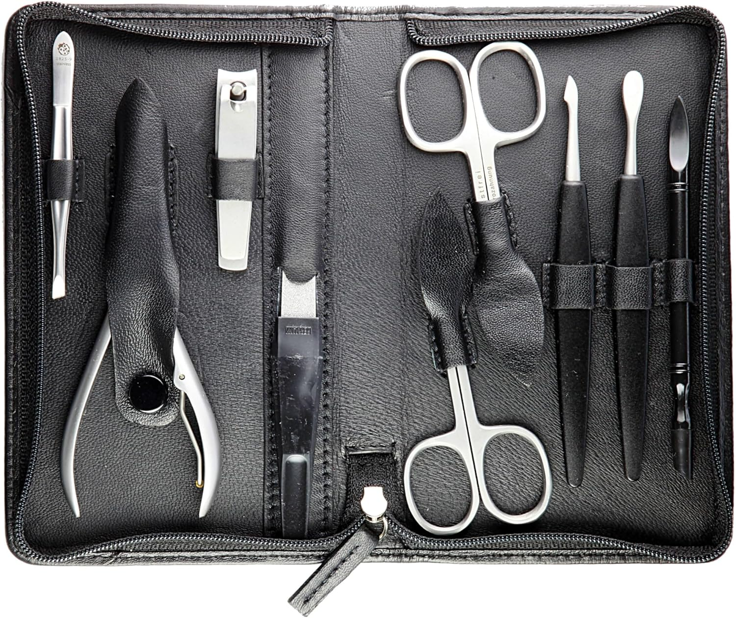 Sonnenschein by Hans Kniebes - Manicure Case, Zip: 9 Pieces, Stainless Steel Matt Finish, Nappa Lambskin Leather, Black - Bordeaux image number 3