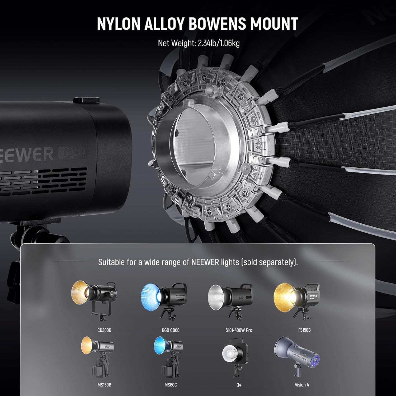 NEEWER 22Inch/55Cm Parabolic Softbox Quick Set up Quick Folding, with Diffusers/Grid/Bag, Compatible with Aputure 60X S 150C 300C NEEWER RGB CB60 MS60B MS60C CB200B and Other Bowens Mount Lights image number 1