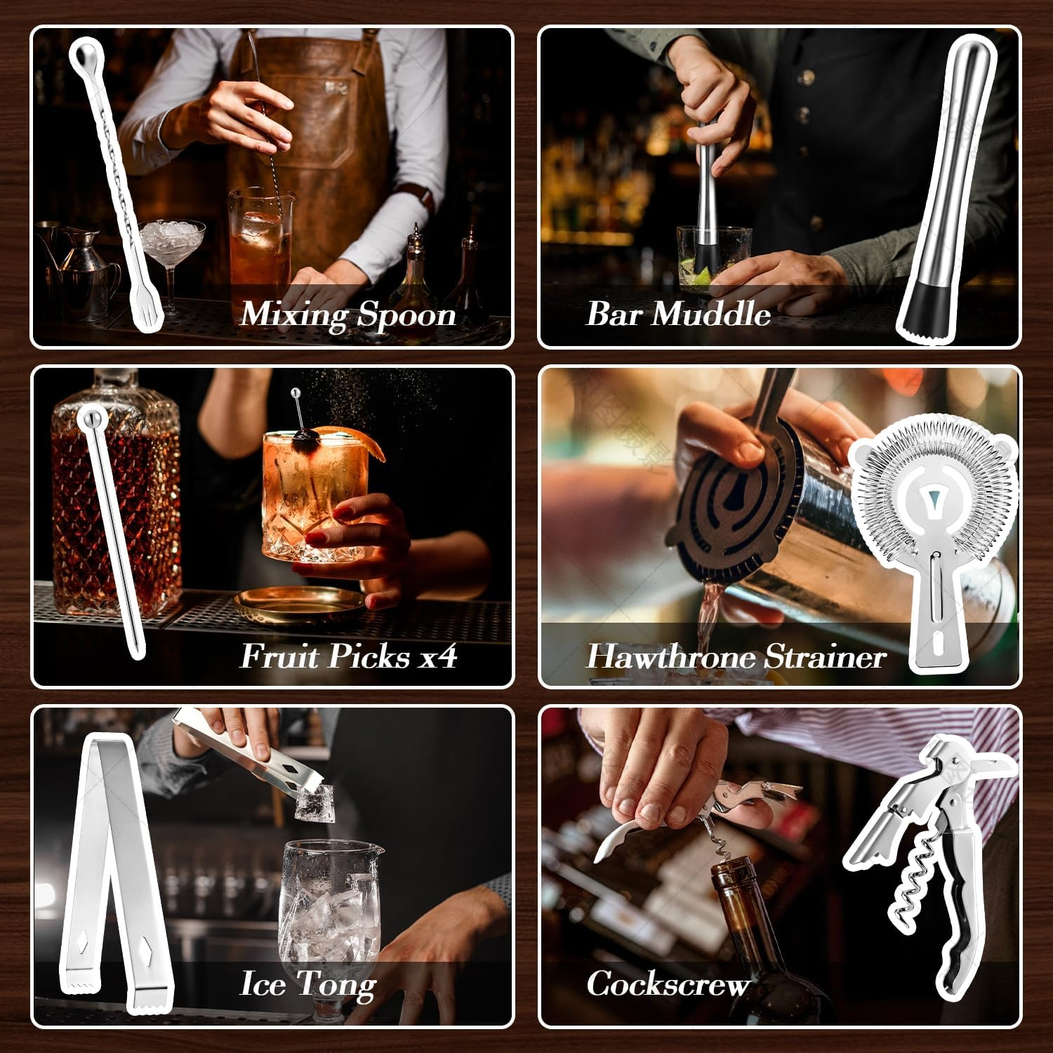 Mixology Bartender Kit Bar Set with Bamboo Stand, 28Pcs 24Oz Cocktail Shaker Set Cocktail Kit, Professional Stainless Steel Bar Tool Set, Black image number 3