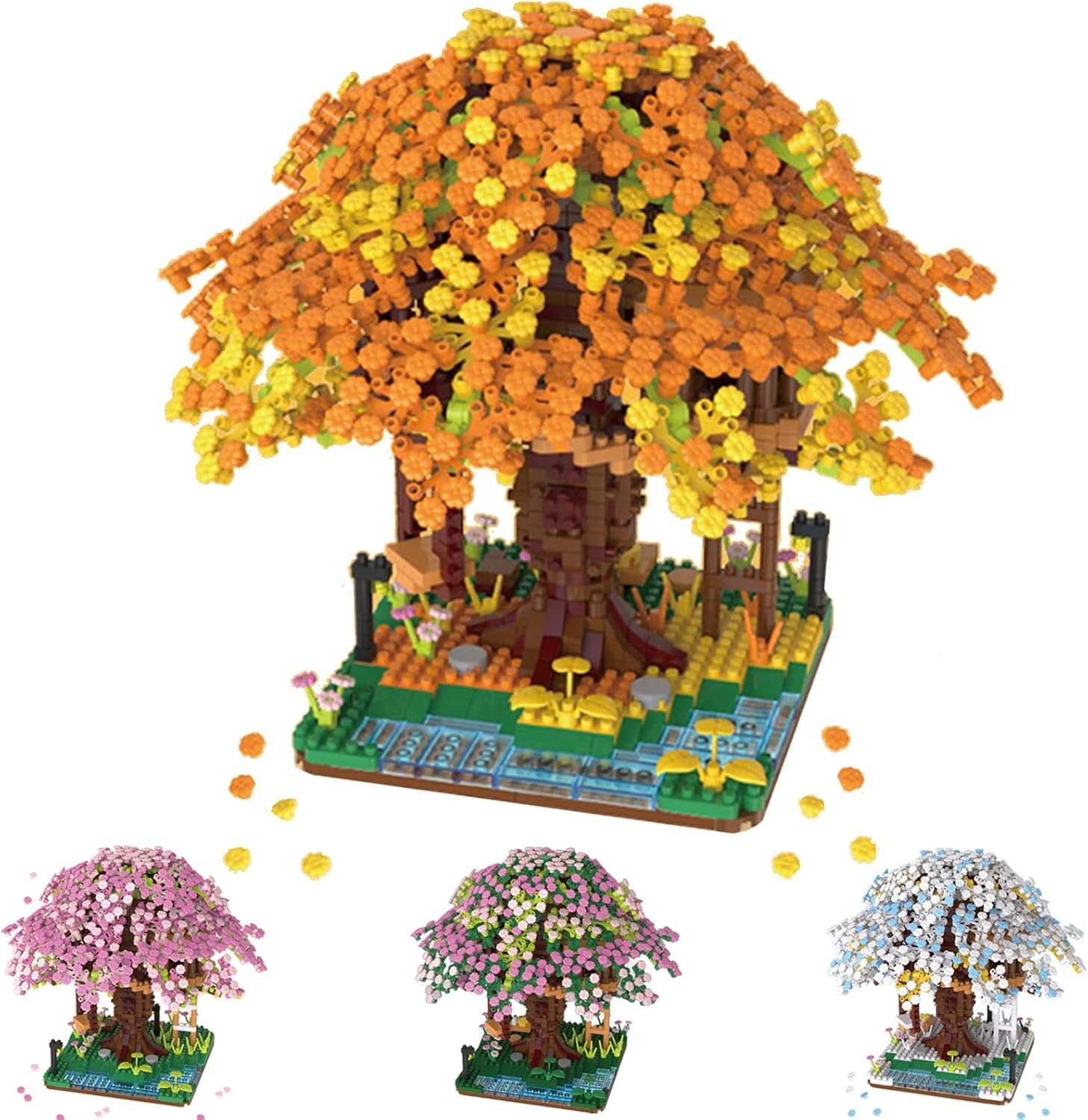 Famiredo Cherry Blossom Tree House Adult Artificial Flower Mini Block Set, Spring/Summer/Fall/Winter Beauty Plant Series, Bouquet Tree House Block Set, Suitable for Gift/Home Decoration (Winter)