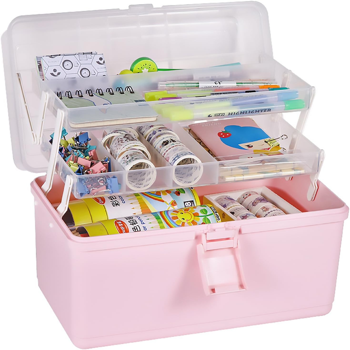 Foldable Multiple Layers Extra Large Plastic Storage Case with Compartments, Crafts Arts Storage Box, Handled Sewing Box, Multipurpose Plastic Box, Pink
