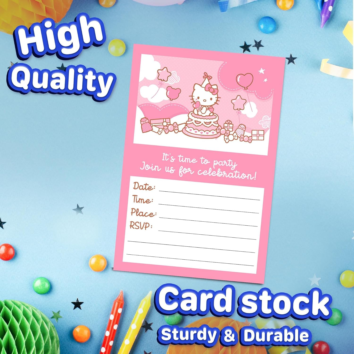 Set of 20 Hello Kitty -Themed Happy Birthday Invitation Cards & Envelopes - Lightweight (240G), Postcard Style Invites for the Perfect Party Pack