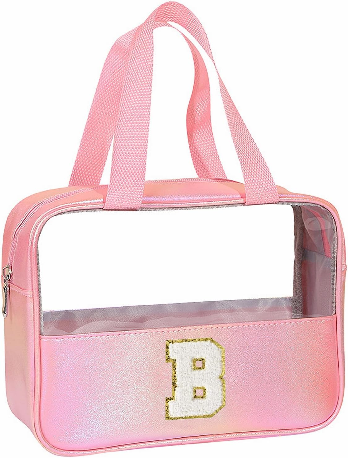 Personalised Transparent Cosmetic Bag, Pink Toiletry Bag, Travel Waterproof Toiletry Bag, Birthday Gifts for Girls, Women, Mothers, Best Friends and Bridesmaids, Letter V