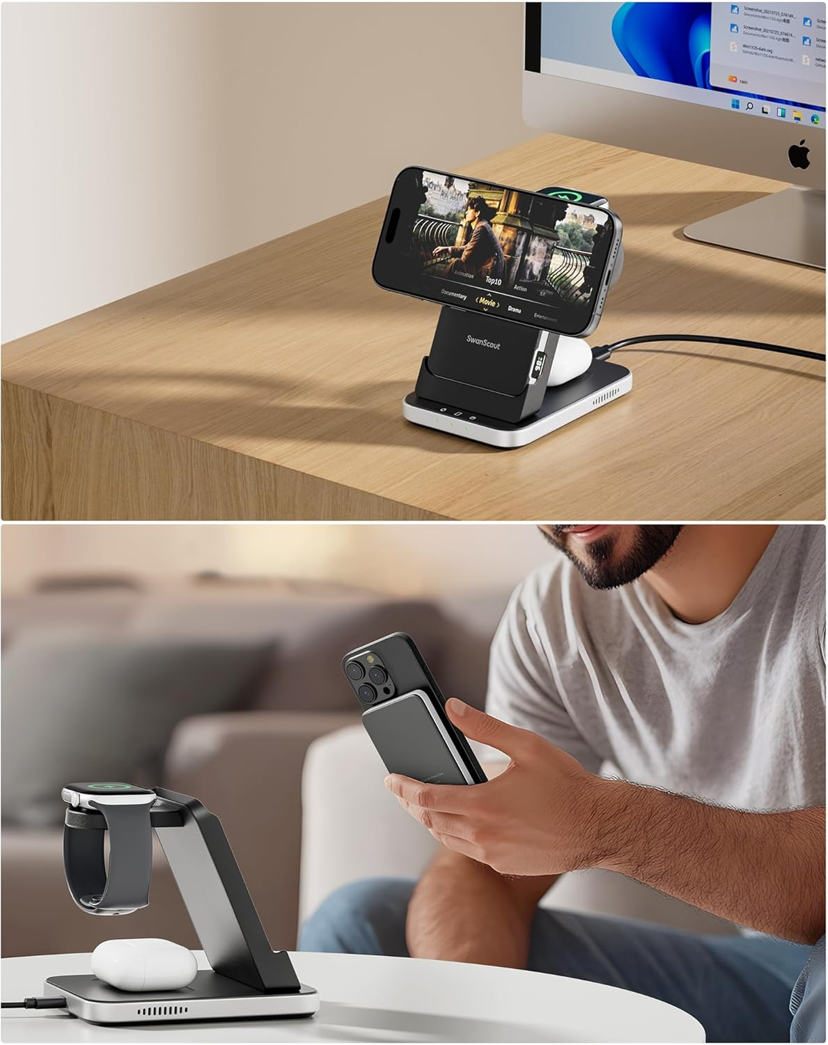 Swanscout Magnetic Wireless Charger, 3 in 1 Charging Station for Iphone Air/17/16/15/14/13/12 Series, 5000Mah Power Bank Compatible with Magsafe, Stand for Apple Watch/Airpods, 304M image number 2