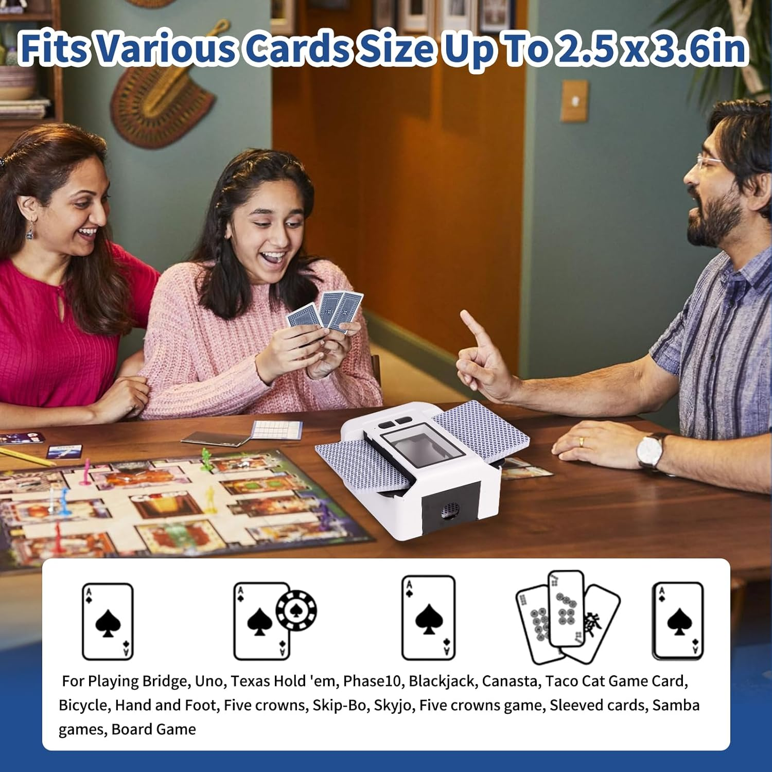 Quiet Automatic Card Shuffler 1-2 Deck, 2000 Mah USB-C Rechargeable Electronic Card Shuffler, One-Press AUTO and Manual Card Shuffle Machine for UNO Poker Blackjack Skip-Bo Phase 10 (White) image number 3