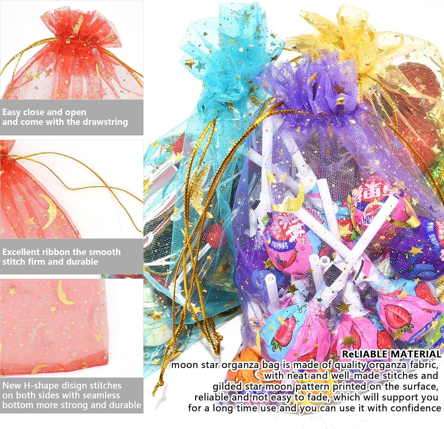 100PCS 5X7" Organza Gift Bags 10 Color Wedding Favor Bags Jewelry Gift Bags Candy with Drawstring for Party, Jewelry, Christmas, Festival, Makeup Organza Favor Bags (Moon Star) image number 2