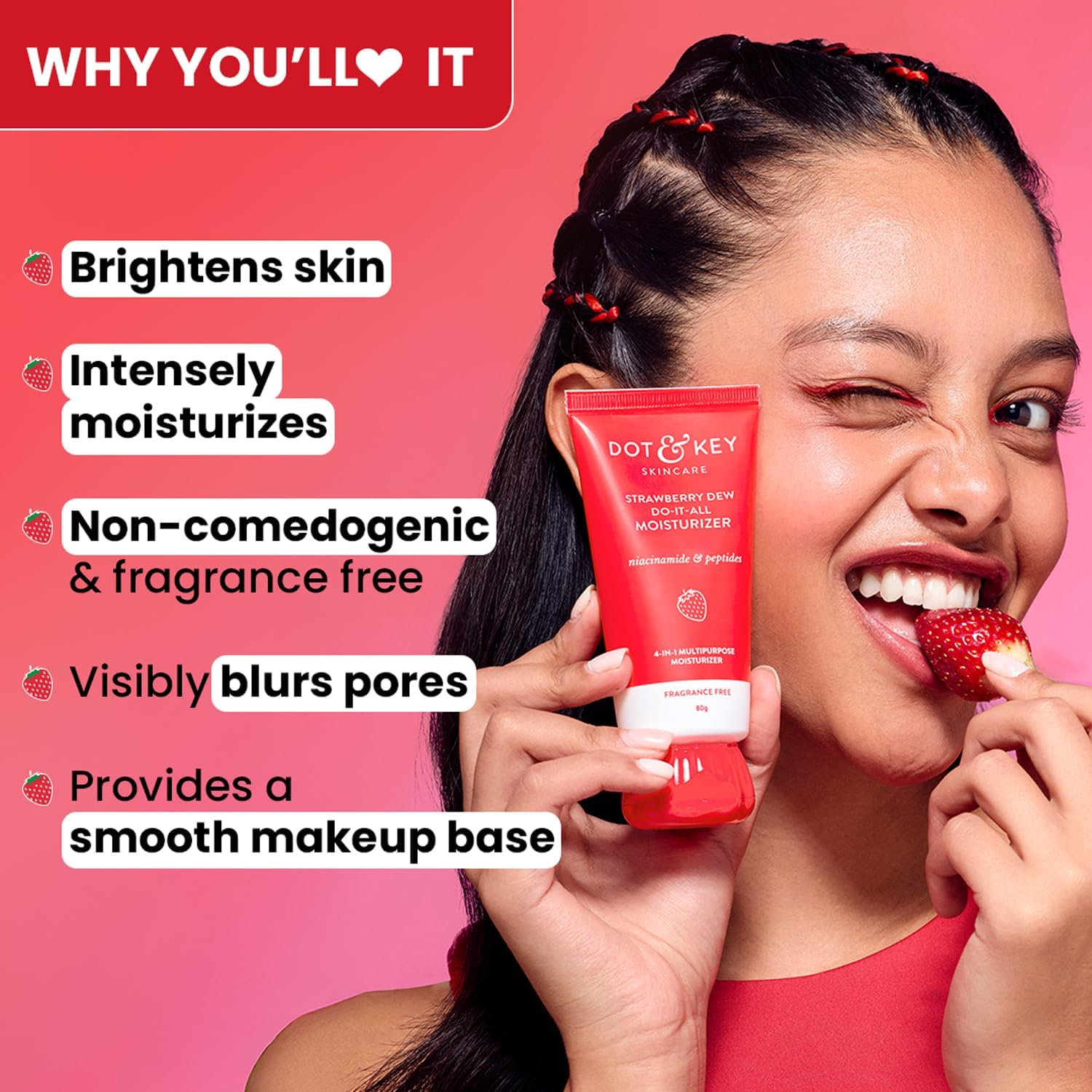 Dot & Key Strawberry Brightening Moisturizer Niacinamide, Peptides Hyaluronic Acid, Non-Sticky, Brightens Skin, Intense Moisturization Non-Comedogenic Fragrance Free, Lightweight 80G