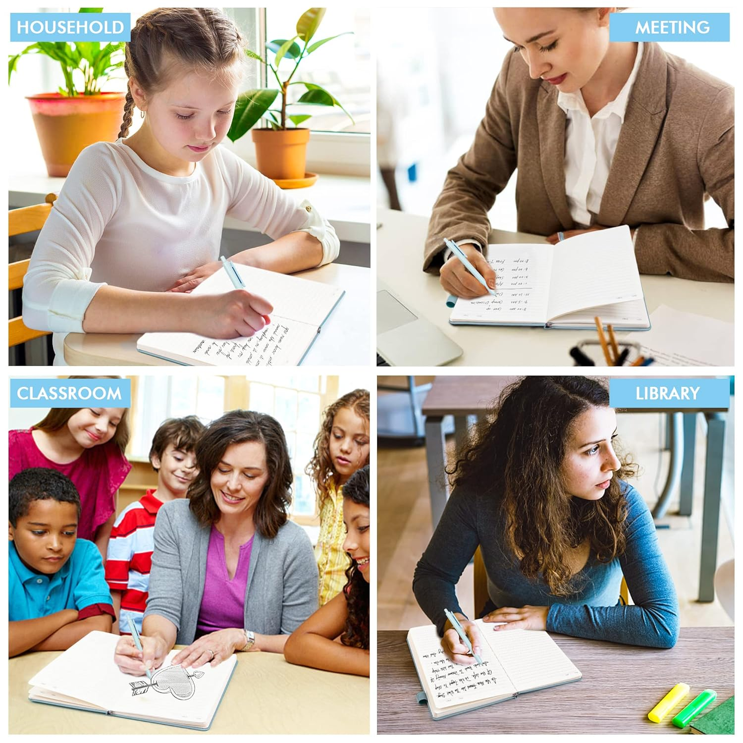 Feela 3 Pack Notebook Journals Bulk, Hardcover Notebooks Classic Ruled Lined Journals with Pen Holder for Women Girls School Business Supplies, with 3 Black Pens, 120 GSM, 5.1&rdquo;X8.3&rdquo;, A5, Light Blue image number 4