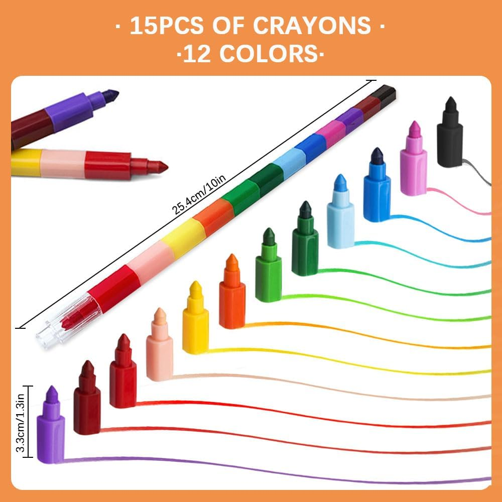 15 Pcs Stackable Crayons, Mini Crayon Packs, Colored Pencils for Kids, Rainbow Markers Pen, Stacking Crayons for Drawing Coloring, Party Favors Gifts School Office Supplies, 12 Colors