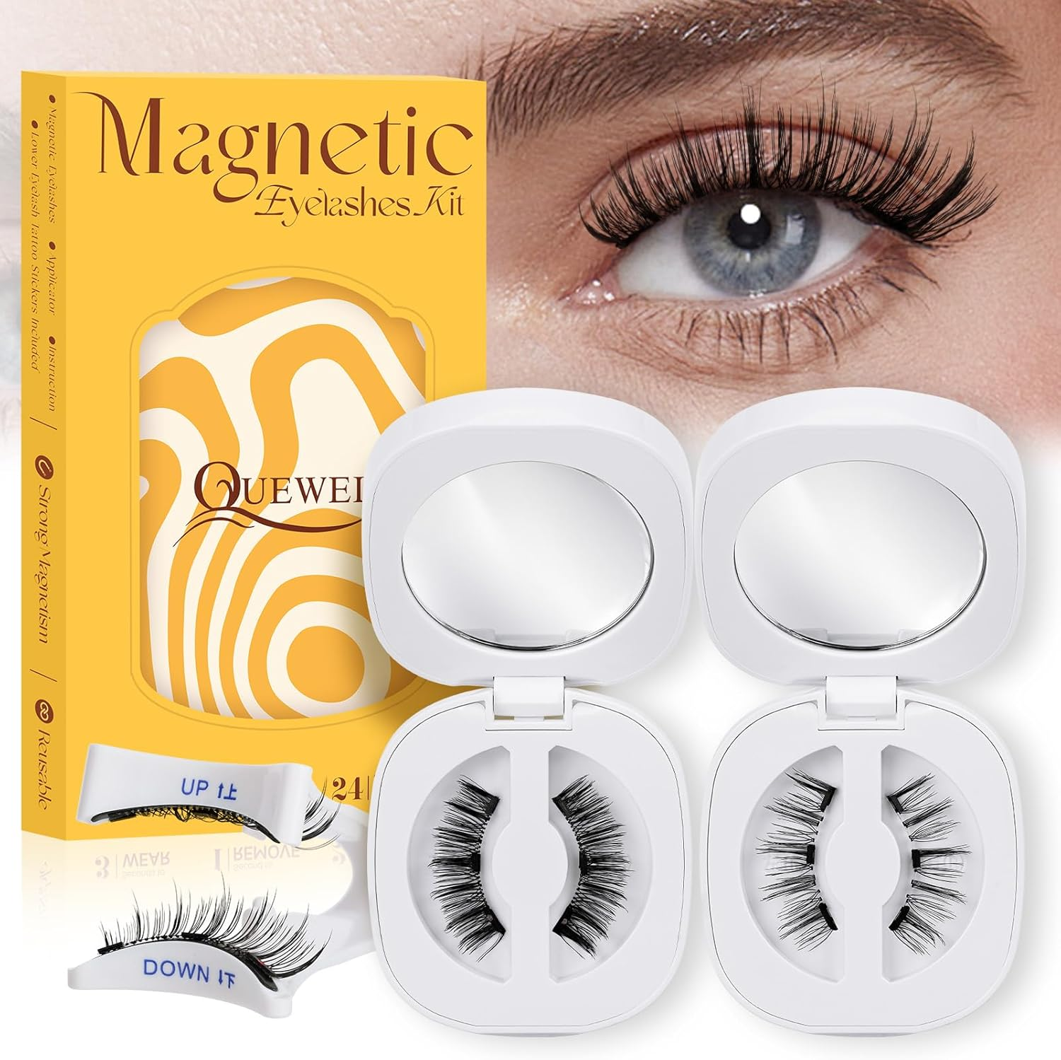 QUEWEL 2 Pairs Magnetic Eyelashes Natural Look, No Glue Needed Eyelashes Magnetic Reusable Magnetic Lashes Kit with Applicator Easy to Wear and Remove(Gd-Cx-C+F)