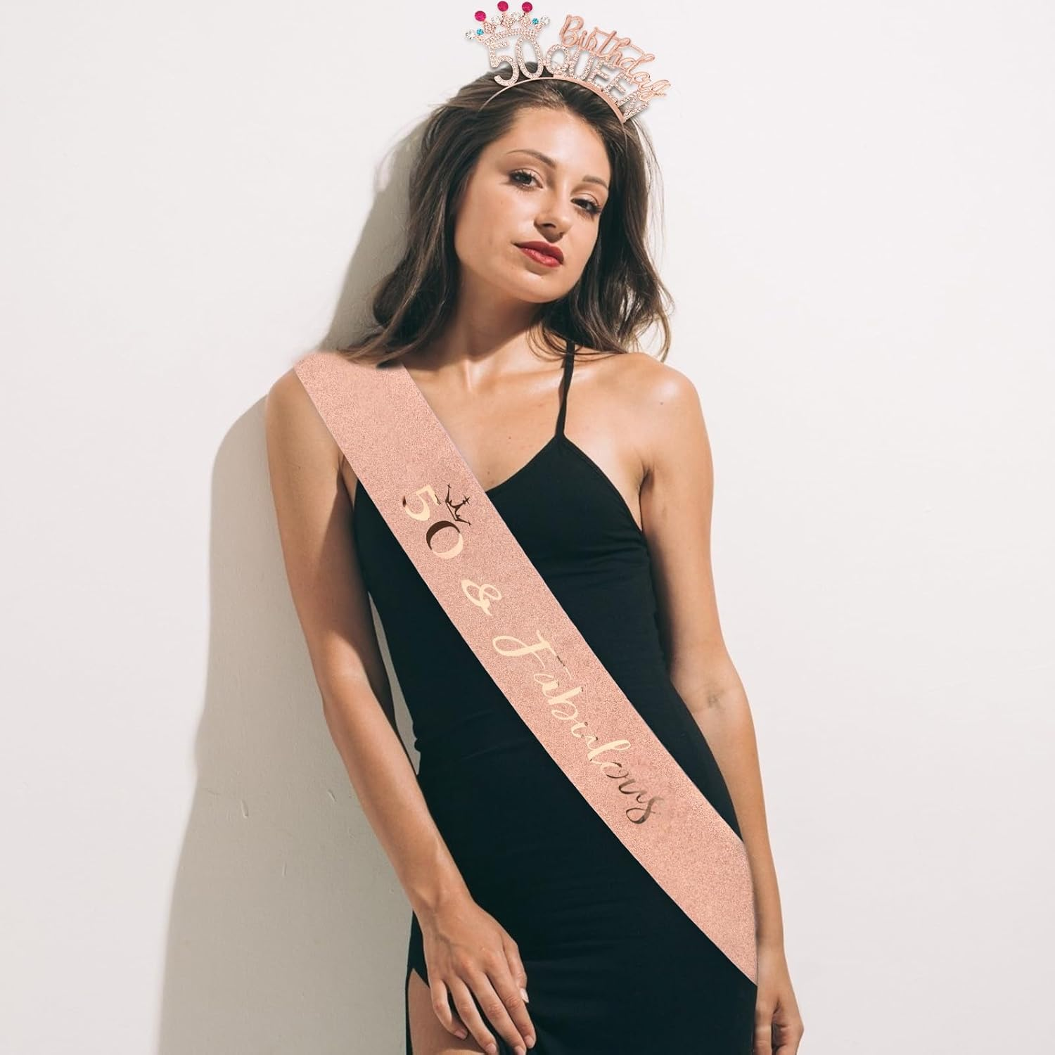 Pruadeor Rose Gold 50Th Birthday Crown Woman 50Th Birthday Headband Glitter Sash for Birthday Party Decoration Gift image number 4