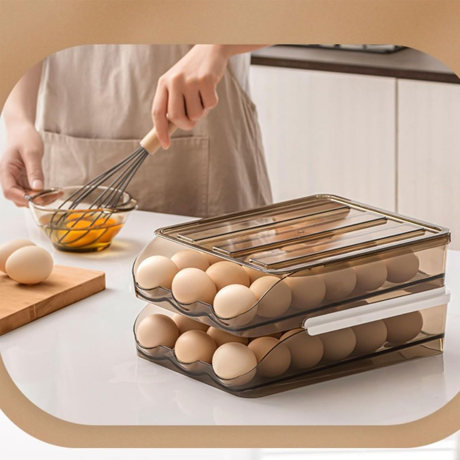 YIRANJIA 3-Layer Auto-Rolling Egg Holder for Refrigerator - 54-Egg Large Capacity Dispenser Tray for Fridge Kitchen Storage & Organisation Egg Dispenser image number 3