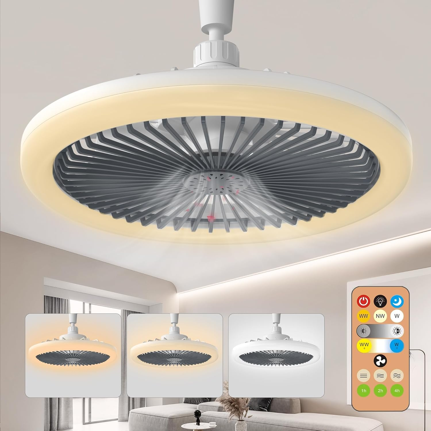 Ceiling Fan with Light and Remote Indoor, Socket Ceilings Fans Enclosed 10" with Light E26 3 Colors Infinitely Adjustable LED Mini Ceiling Fans for Bathroom/Bedroom/Living Room/Garage/Kitchen image number 6