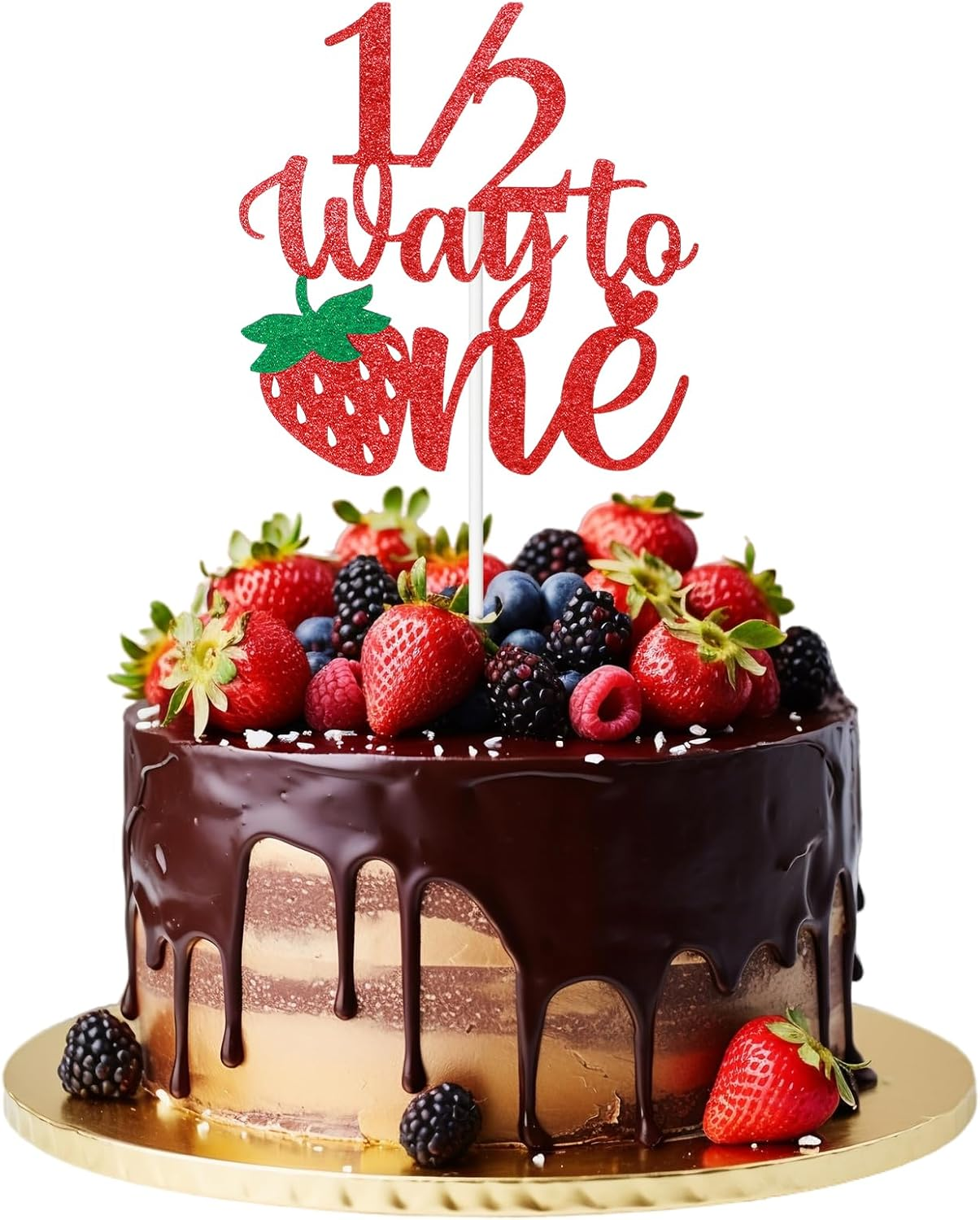 Strawberry Half Birthday Cake Topper, Berry Sweet 6 Months Celebration, Glitter Cake Pick, Happy Birthday Decorations image number 6