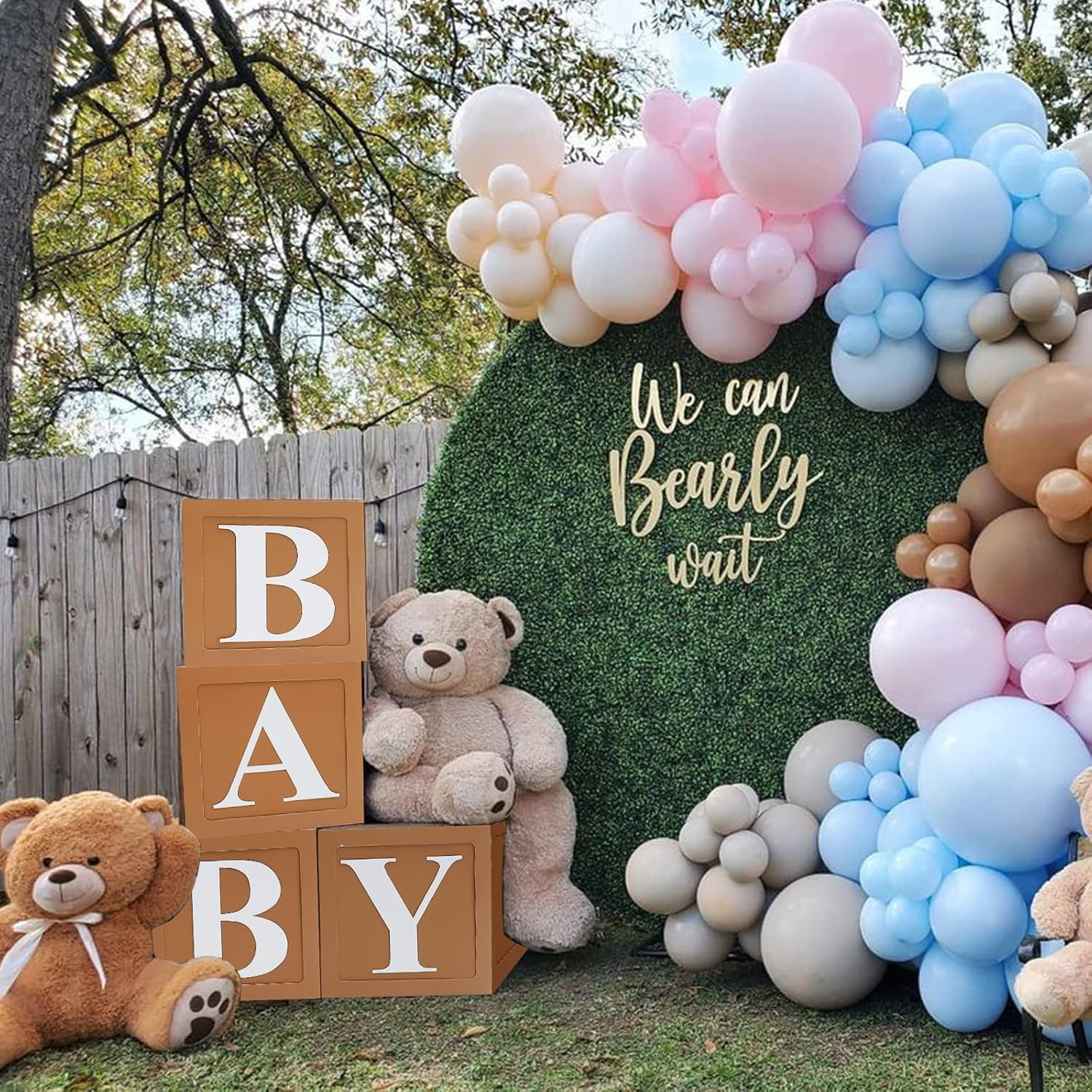 Teddy Bear Baby Shower Boxes Decorations, 4Pcs Brown Baby Shower Blocks with Letters, Stereoscopic Babyshower Balloon Boxes for Woodland Baby Shower Decor Boys Girls Gender Reveal Backdrop image number 4