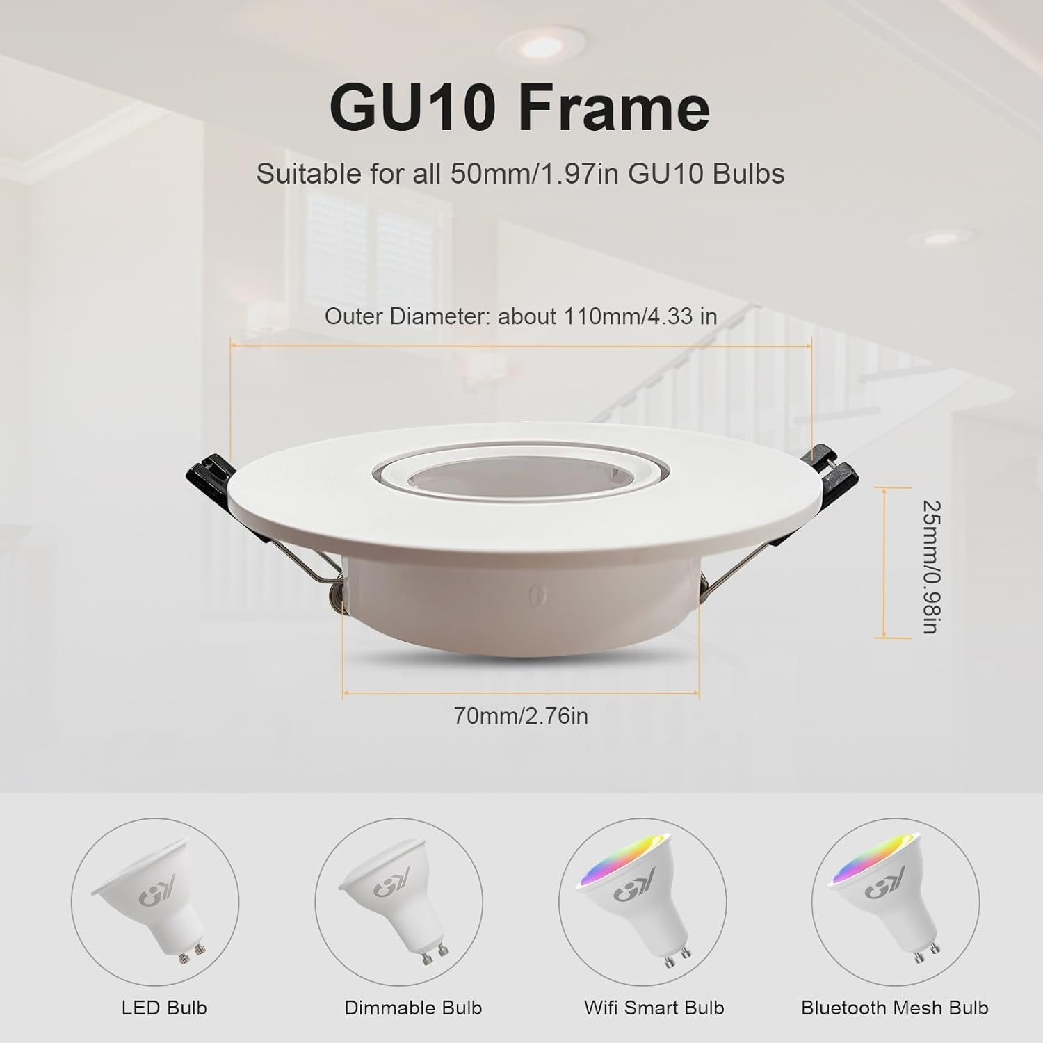 GY 12 LED Recessed Spotlights with GU10 Socket, LED GU10 Mounting Frame Ceiling Spot White round for MR16 LED or Halogen Bulbs, 35&deg; Swivel, Diameter 75 X 100 Mm Large Hole Diameter, Bulb Not Included image number 7