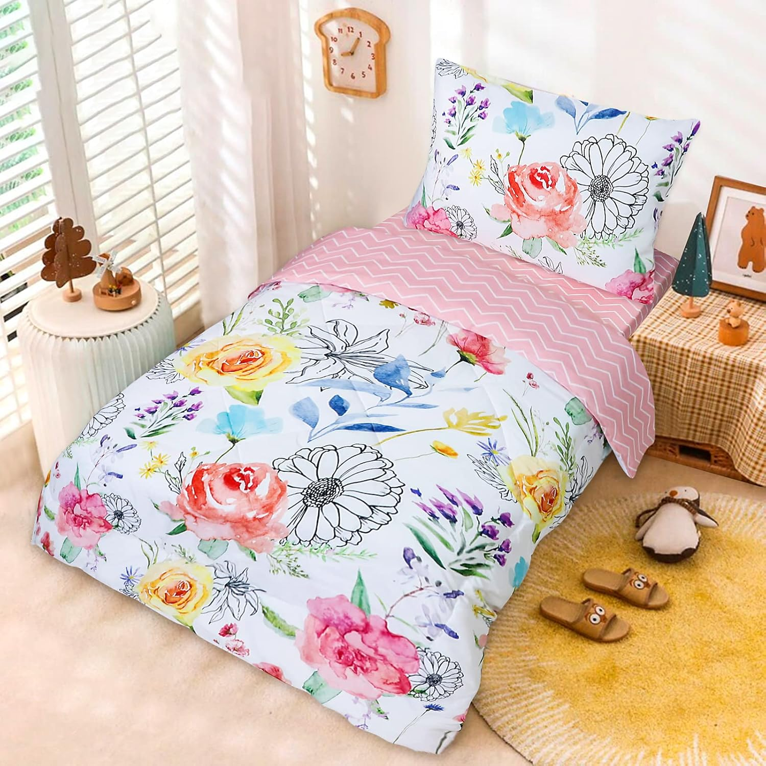 Toddler Bedding Sets for Girls, 4 Piece Soft Crib Bedding Set, Flower Toddler Girl Bed Comforter Set, Includes Watercolor Floral Series Comforter, Fitted Sheet, Flat Sheet and Pillowcase image number 2