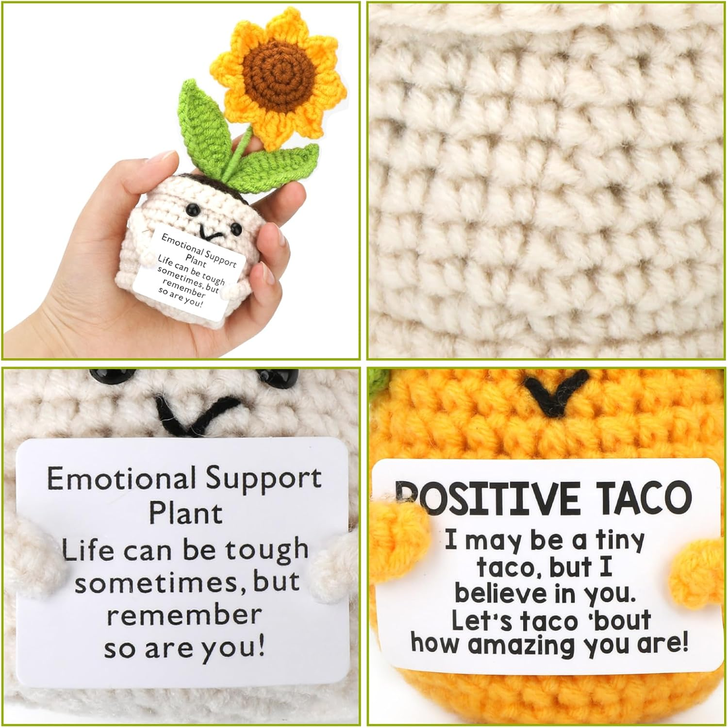 Fayrvind 2 Pcs Emotional Support Positive Crochet Sunflower and Taco Desk Decor Cute Stuff Crochet Flowers Birthday Gifts for Women Thank You Gift - Yellow Chicken  Green Frog image number 6