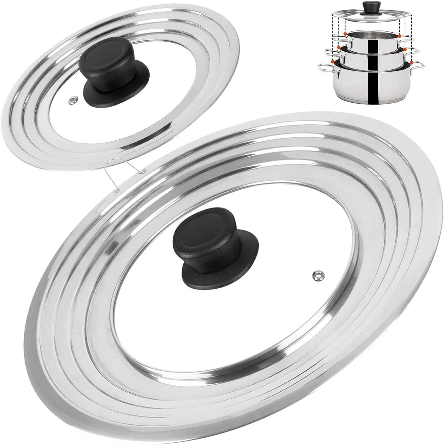 Komokeru Universal Lid for Pots and Pans Skillets, Stainless Steel Pan Cover Fit Fits 6-7-8 Inch Cookware, Large Replacement Frying Pan Cover, Cast Iron Skillet Pot Lids with Heat Resistant Knob