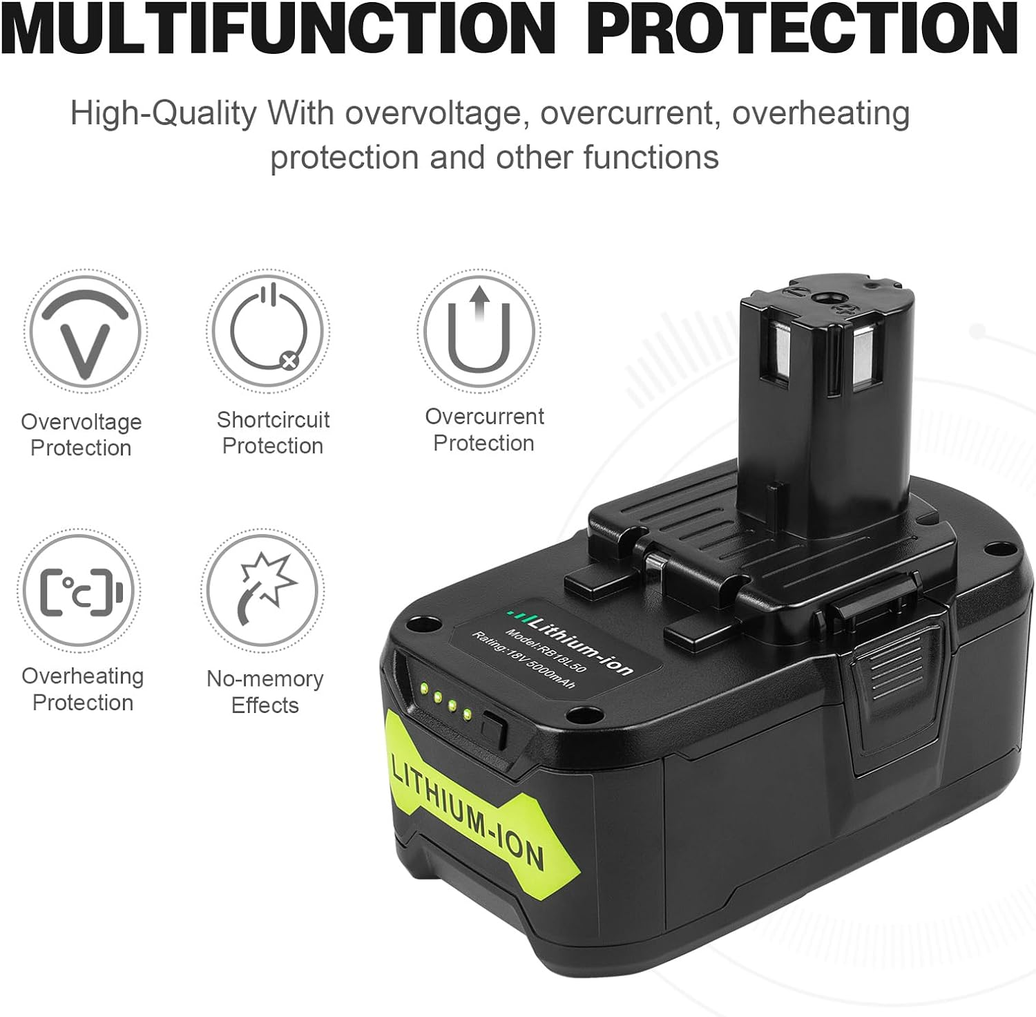 Aryee 2 Pack 5.0Ah 18V Replacement Battery for Ryobi One+ Cordless Tool Lithium P102 P103 P105 P107 P108 P109 BPL-1815 BPL-1820G BPL1820 BPL18151 image number 4